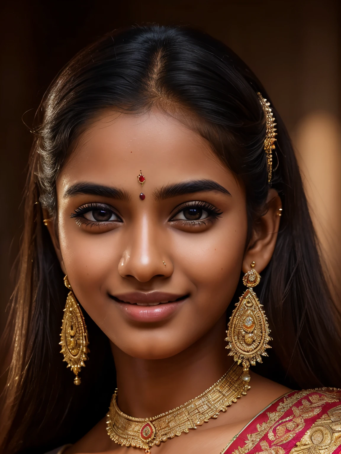 (high quality, masterpiece, HDR, 256K), (hyper-realistic, photorealism) 20 year old extremely beautiful Tamil girl, (intricate detailed extremely beautiful face, eyes, ears, nose, lips, textured skin), eyes symmetry, (bright smile)