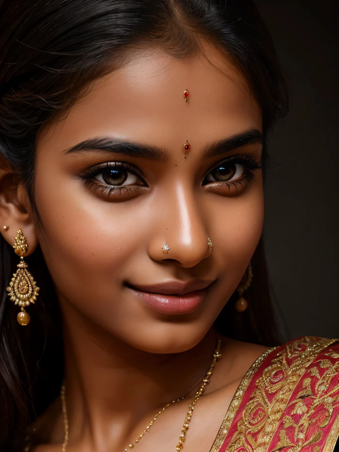 (high quality, masterpiece, HDR, 256K), (hyper-realistic, photorealism) 20 year old extremely beautiful Tamil girl, (intricate detailed extremely beautiful face, eyes, ears, nose, lips, textured skin), eyes symmetry, (bright smile)