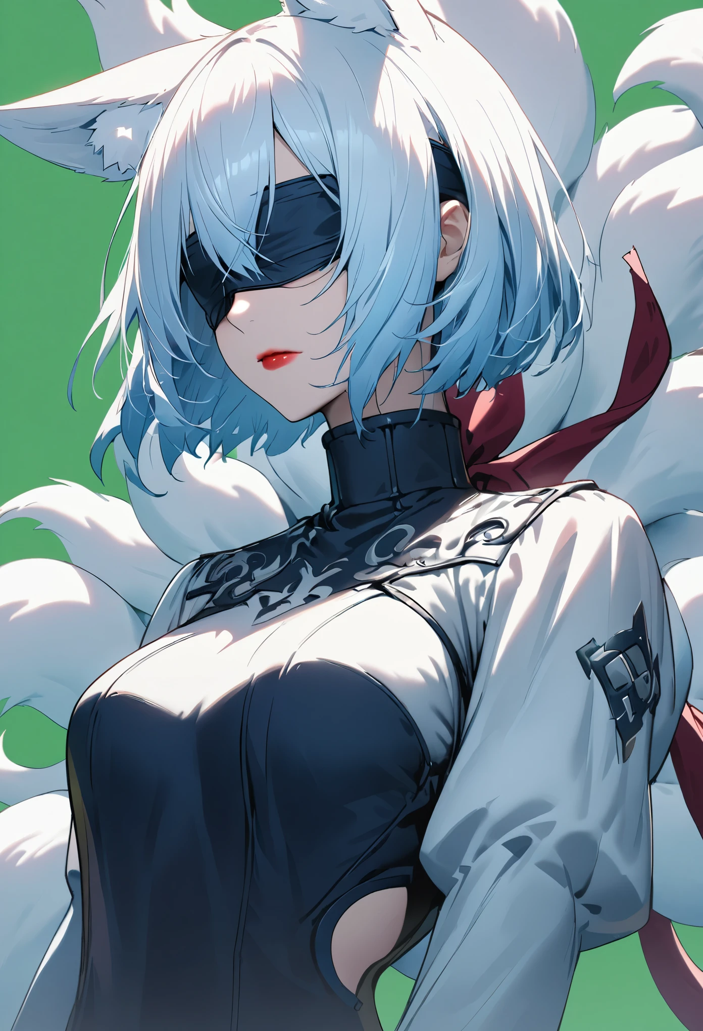 1 girl, Wallop, (blindfolded), breast, split, split cutout, dress cut, green background, hair between eyes, scarf, High resolution, Juliet sleeves, long sleeve, Neil (series), Neil automata, puffy sleeves, red lips, shadow face, short hair, alone, turtleneck sweater, Upper body, I have blue hair, Sky, white fox ears, white fox tail, nine-tailed fox,