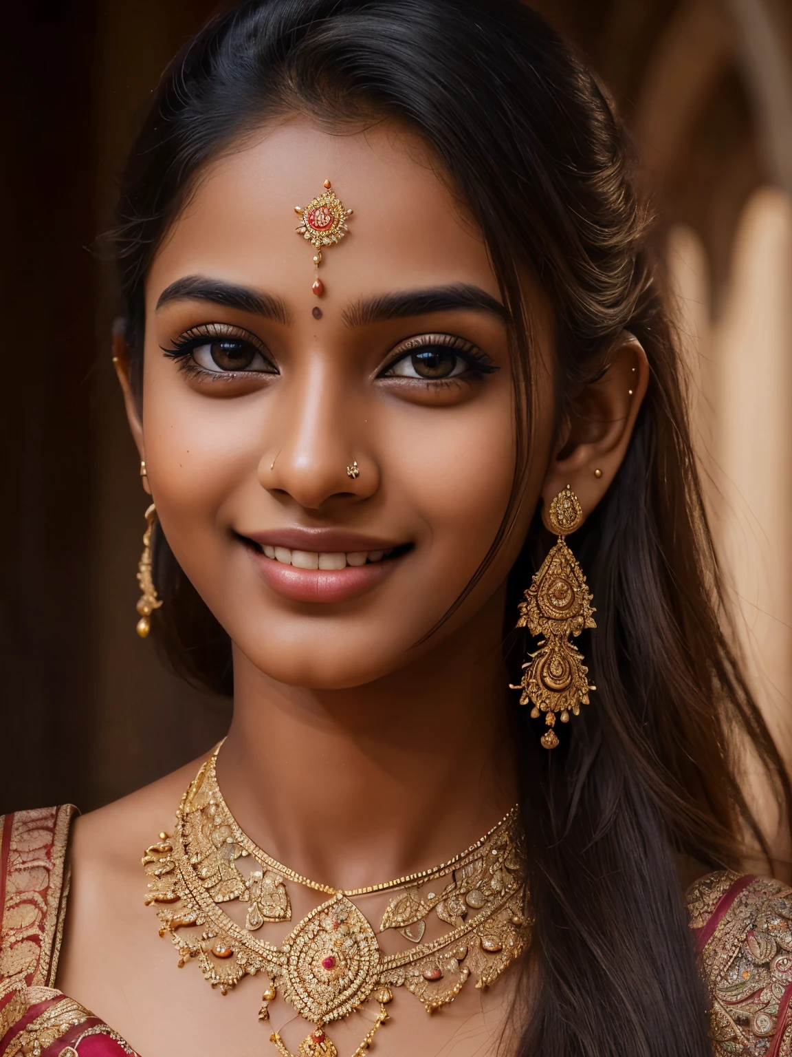 (high quality, masterpiece, HDR, 256K), (hyper-realistic, photorealism) 20 year old extremely beautiful Tamil girl, (intricate detailed extremely beautiful face, eyes, ears, nose, lips, textured skin), eyes symmetry, (bright smile)