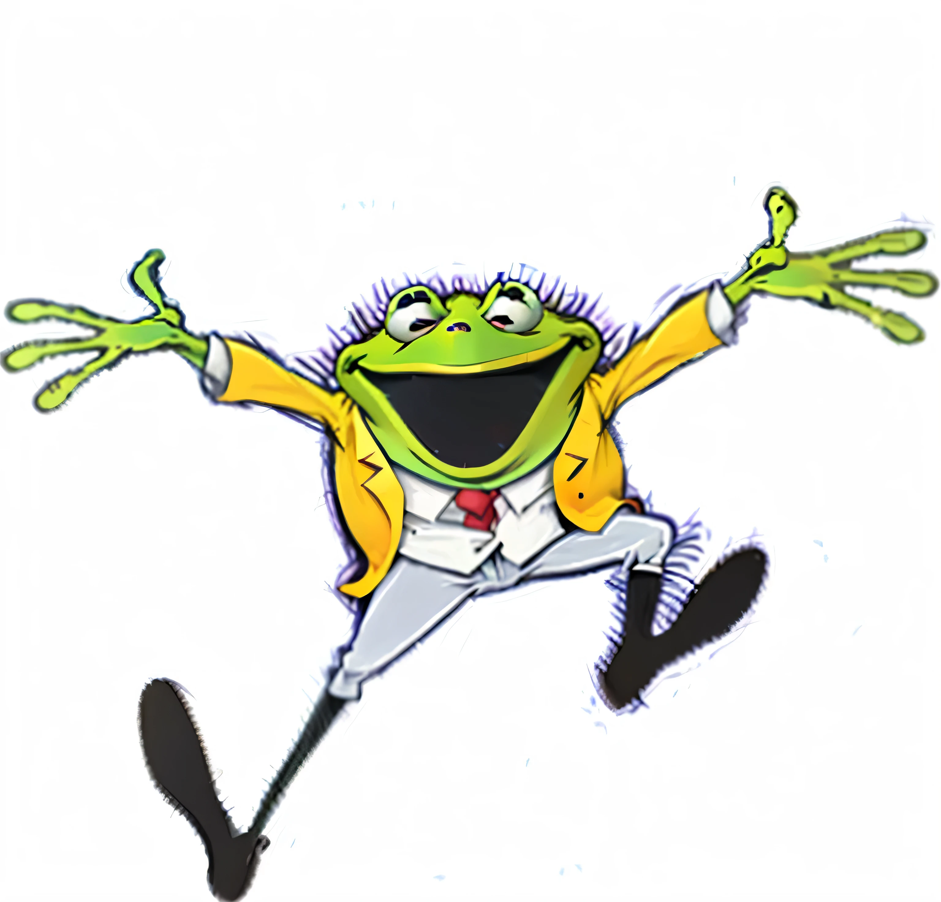 cartoon frog in a suit jumping with his arms wide open, the wednesday frog, froggy, jumping flying and eating frogs, dancing character, frog, leaping towards viewer, peepo the frog!!!, kermit the frog, he is dancing, kermit, super rich happy pepe, 2d, 2 d, leaping with arms up, jumping for joy, frog themed