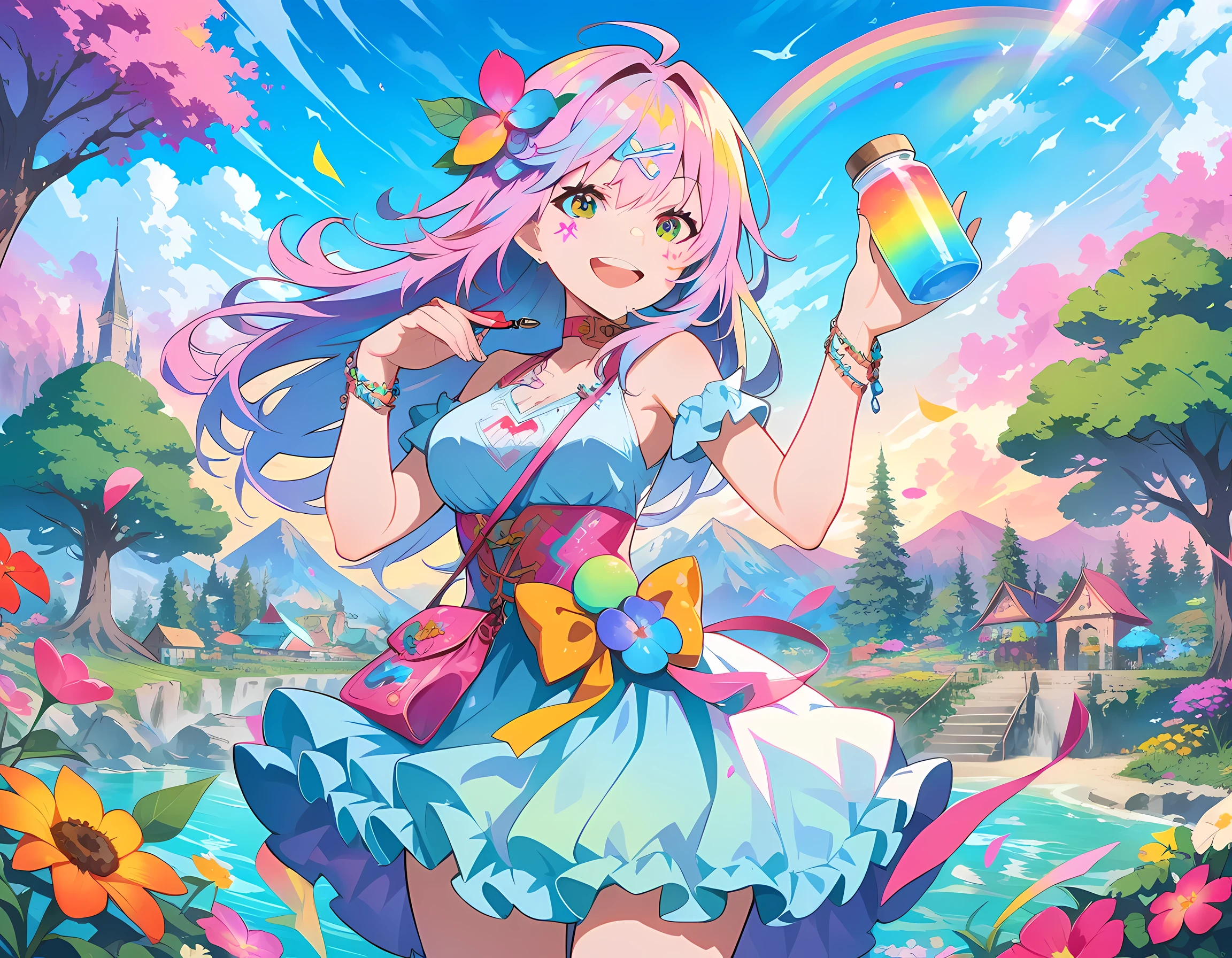 a girl standing,with a bright smile on his face, Holding a jar of magic paint in hand. It is surrounded by magical and colorful surroundings, with colorful flowers, Vibrant trees and rainbow-filled skies. 4K resolution