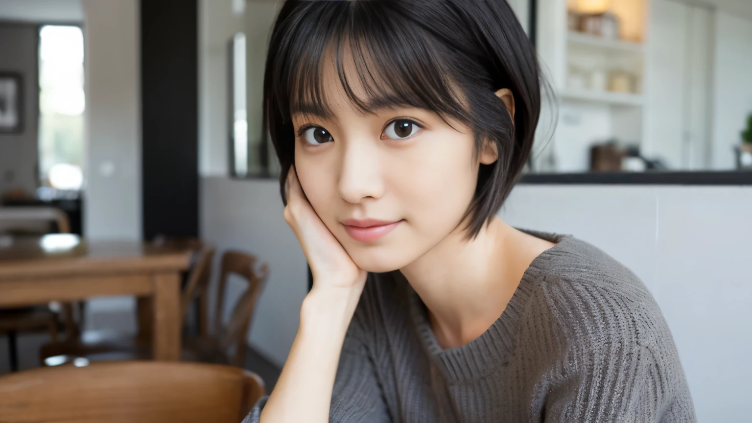 japanese woman, 30 years old, slender body shape, small breasts, very thin waist, beautiful face, beautiful eyes, black short hair, She is wearing a tight, short gray knit dress with an open back design., sitting at a stylish cafe, I look back at you gently, 1 girl, alone, detailed face and eyes, small fingers and arms. full body photo. realistic, realistic.