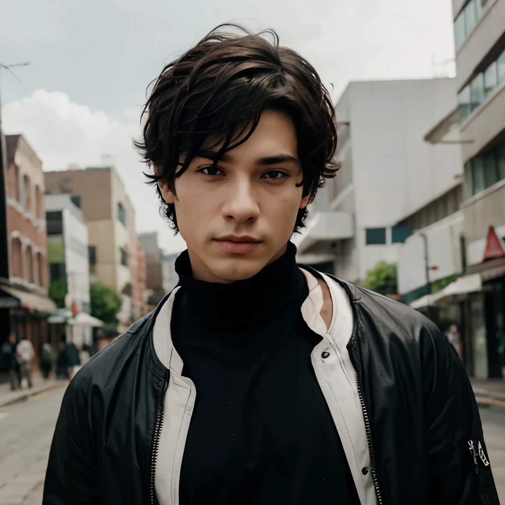 Male Anime character with dark short curly hair and drak eyes