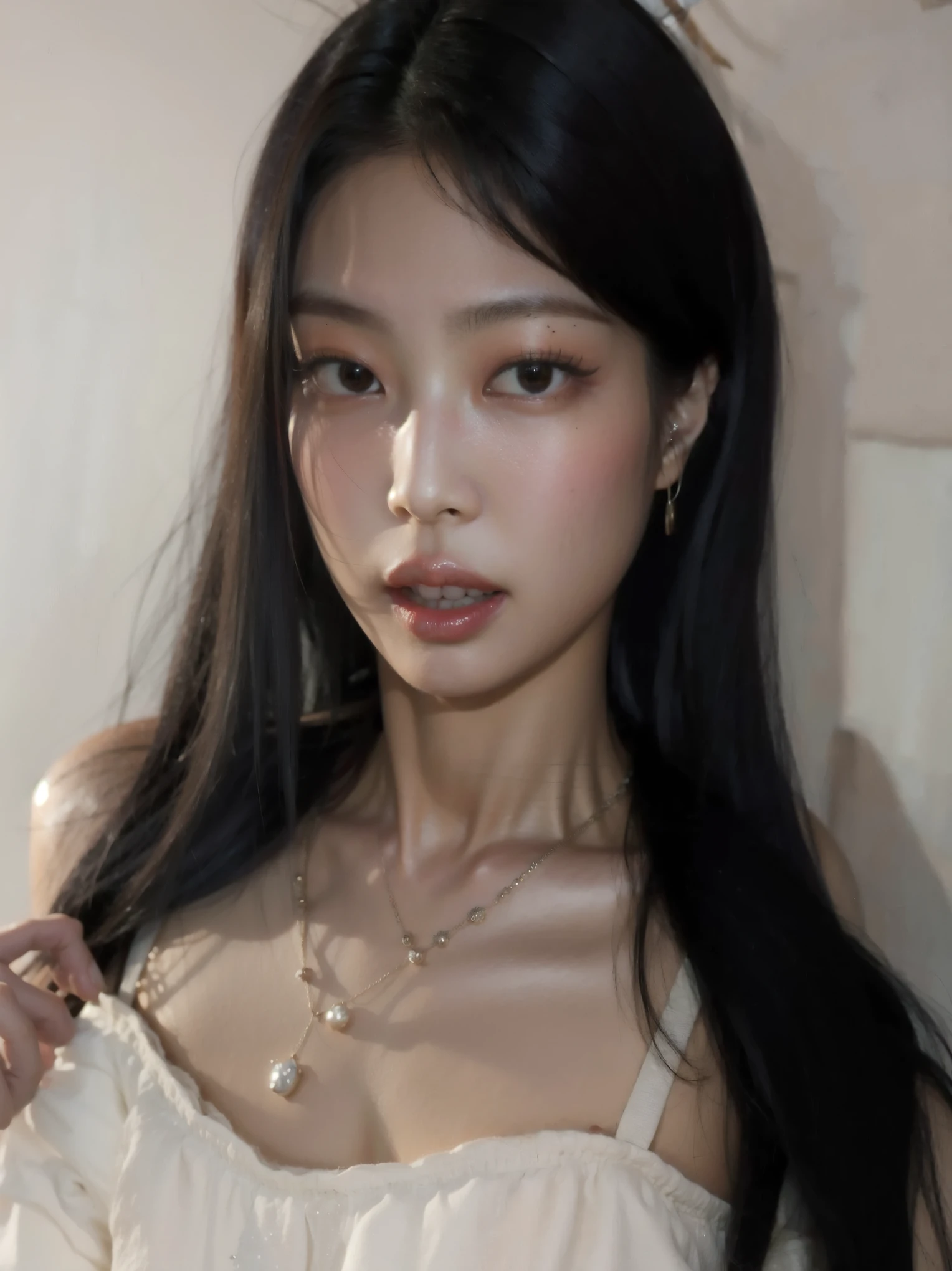 KIM JENNIE DO BLACKPINK com longos cabelos pretos e uma blusa branca, coreana, linda jovem coreana, linda mulher sul-coreana, beautiful Asian, Asian, 18 anos de idade, Ulzzang, jennie do blackpink , jaeyeon nam, linda jovem coreana, características Asians, jennie kim, young pale and beautiful asian face, 22 anos de idade