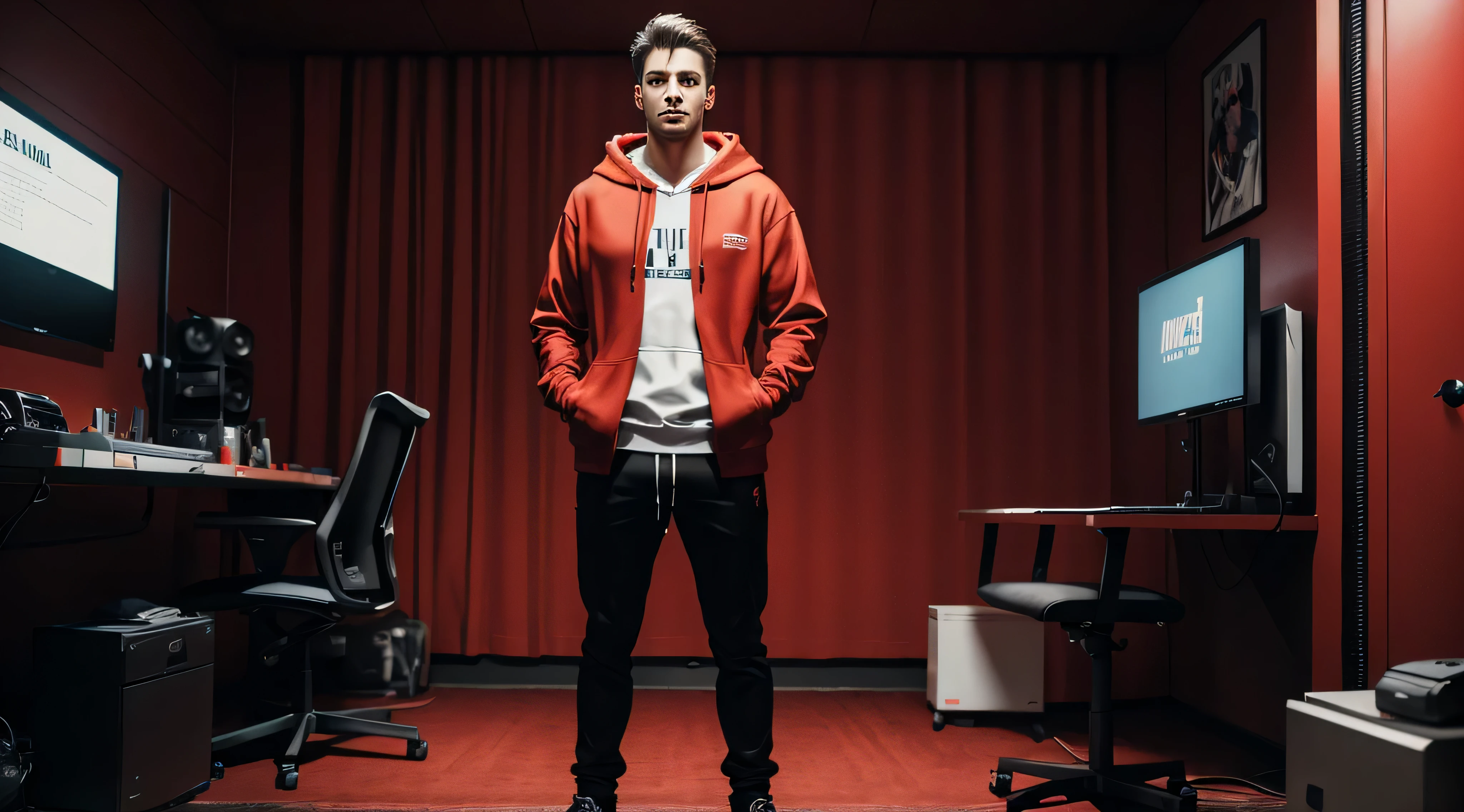 Handsome man hacker. Standing to his gaming setup. looking straight at the camera. Talking to audiance. Wearing pants, shoes and a red hoodie, hyper detailed photography, hyper-realistic, portrait ,photography, cinematic style
