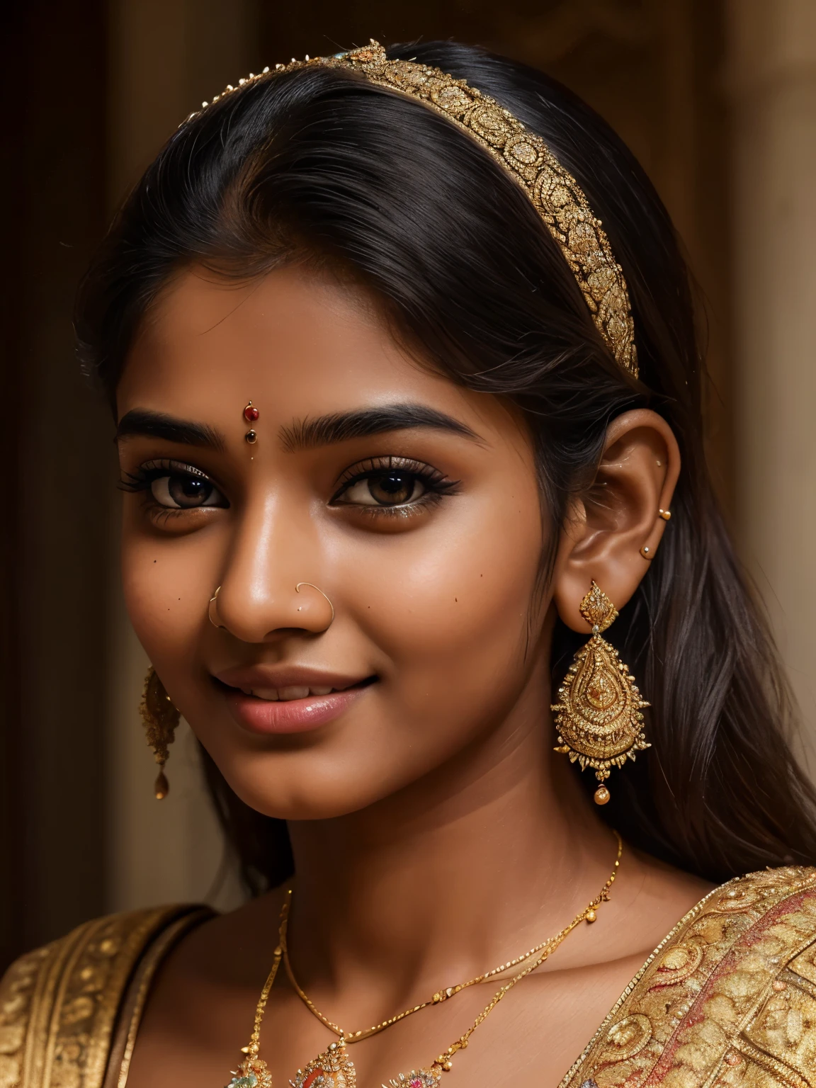 (high quality, masterpiece, HDR, 256K), (hyper-realistic, photorealism) 20 year old extremely beautiful Tamil girl, (intricate detailed extremely beautiful face, eyes, ears, nose, lips, textured skin), eyes symmetry, (bright smile)