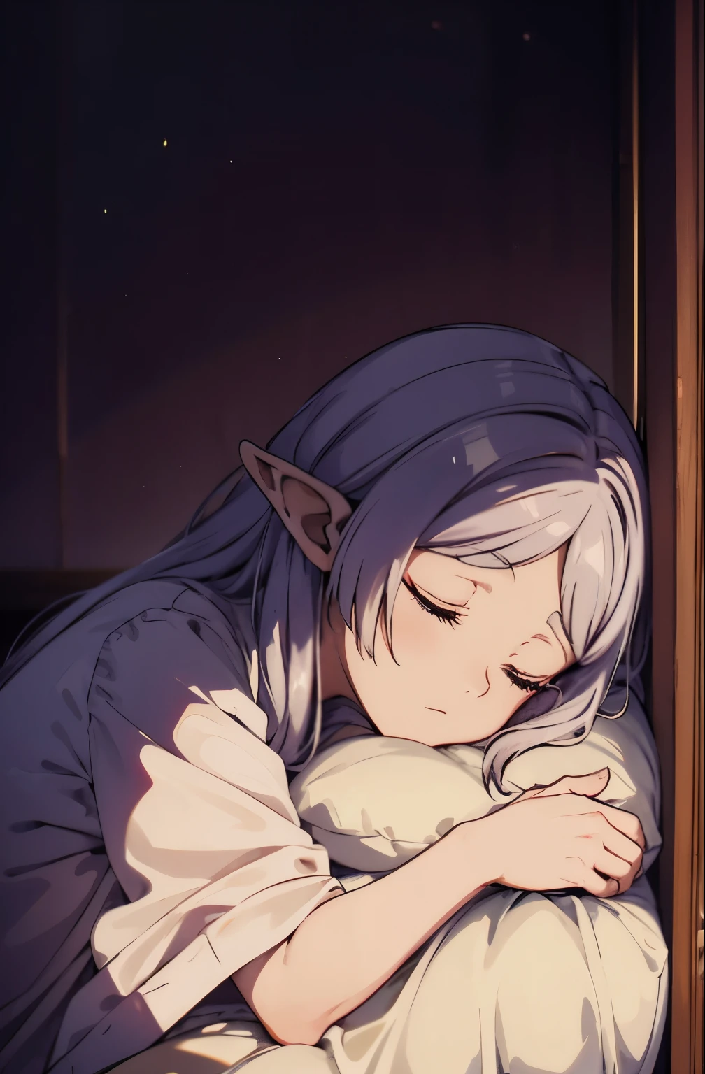lying in bed、silver hair、elf、rough clothes、long hair、sleepy face、窓からmorning陽が入る、Bedroom、morning