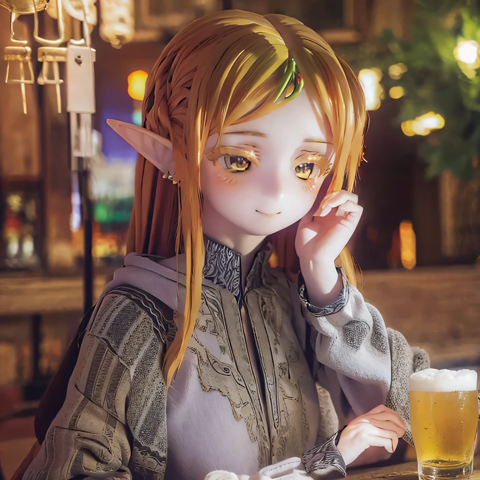 (realistic:1.2),beautiful detailed elf,long flowing hair,Uncle Sui from another world,at a bar,ultra-detailed eyes,pointed ears,flowing cloak,dreamlike background,ethereal atmosphere,soft lighting,subtle reflections,expressive facial features,elven jewelry,enchanted forest scenery,mesmerizing color palette,lively ambiance,mystical aura,magical essence,elven script inscriptions,hidden symbols,whimsical elements,sparkling particles,fiery sparks,dancing shadows,elegant posture,engaging stare,enchanting smile,sublime beauty,extraordinary charisma,unearthly presence(((((((casual)))))))
blonde
(((drink beer at a pub)))