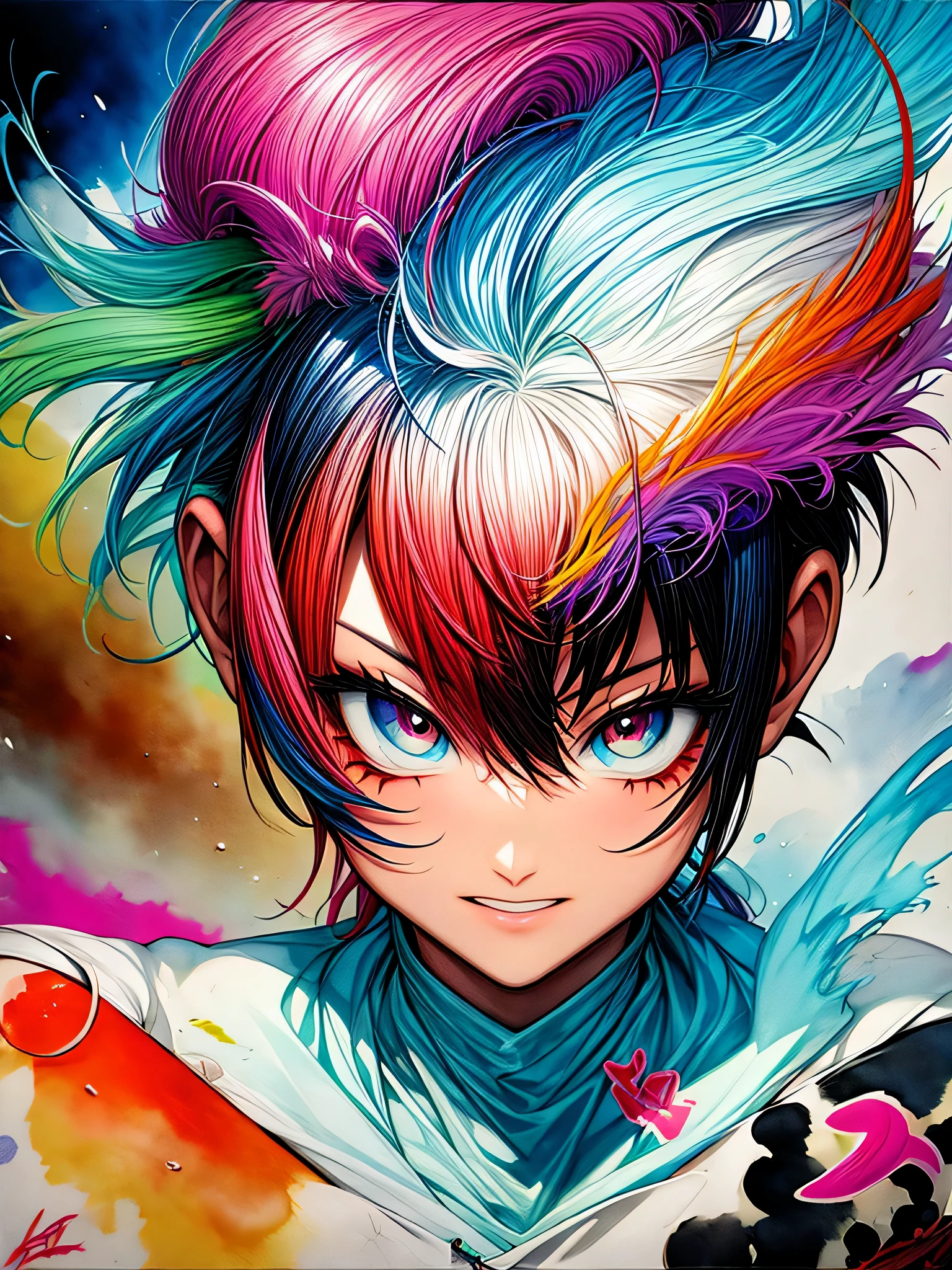 akira toriyama style、8K quality, intense watercolor, watercolor detailed art, watercolor splash, surreal, avant-garde pop art, Beautiful and expressive paintings, Beautiful artwork illustration, very colorful tones, wonderful, cool beauty, highest quality,official art, vector art,stylish design, ((hospital room))), (((highest quality))), HDR, ((Detailed details)), (((graffiti art))), ((masterpiece))、((Super detailed))