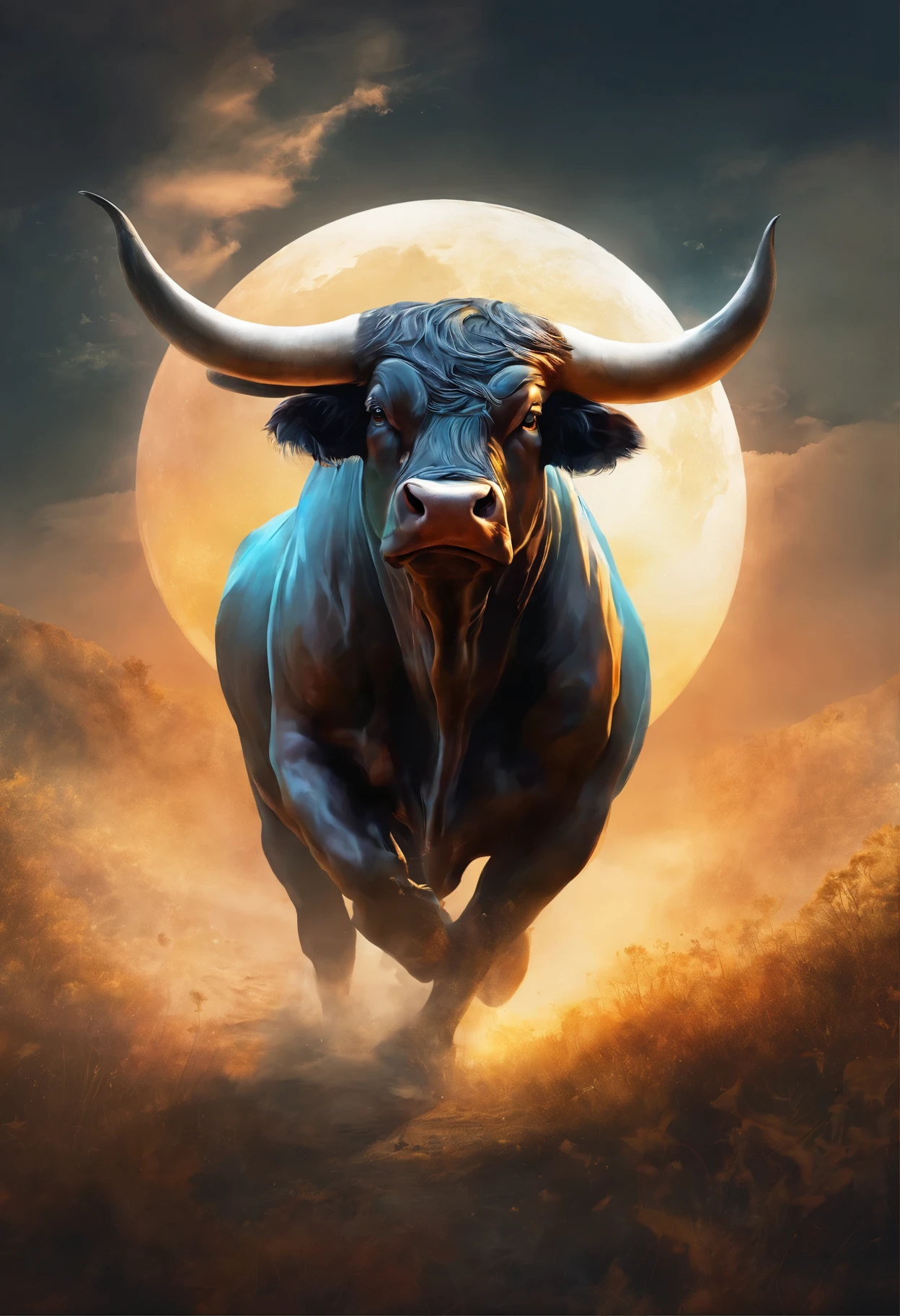 a bull running in a field.  It almost creates a double exposure.  The background is a large moon with a storm.  the bull has a metallic look to it.  The bull looks aggressive