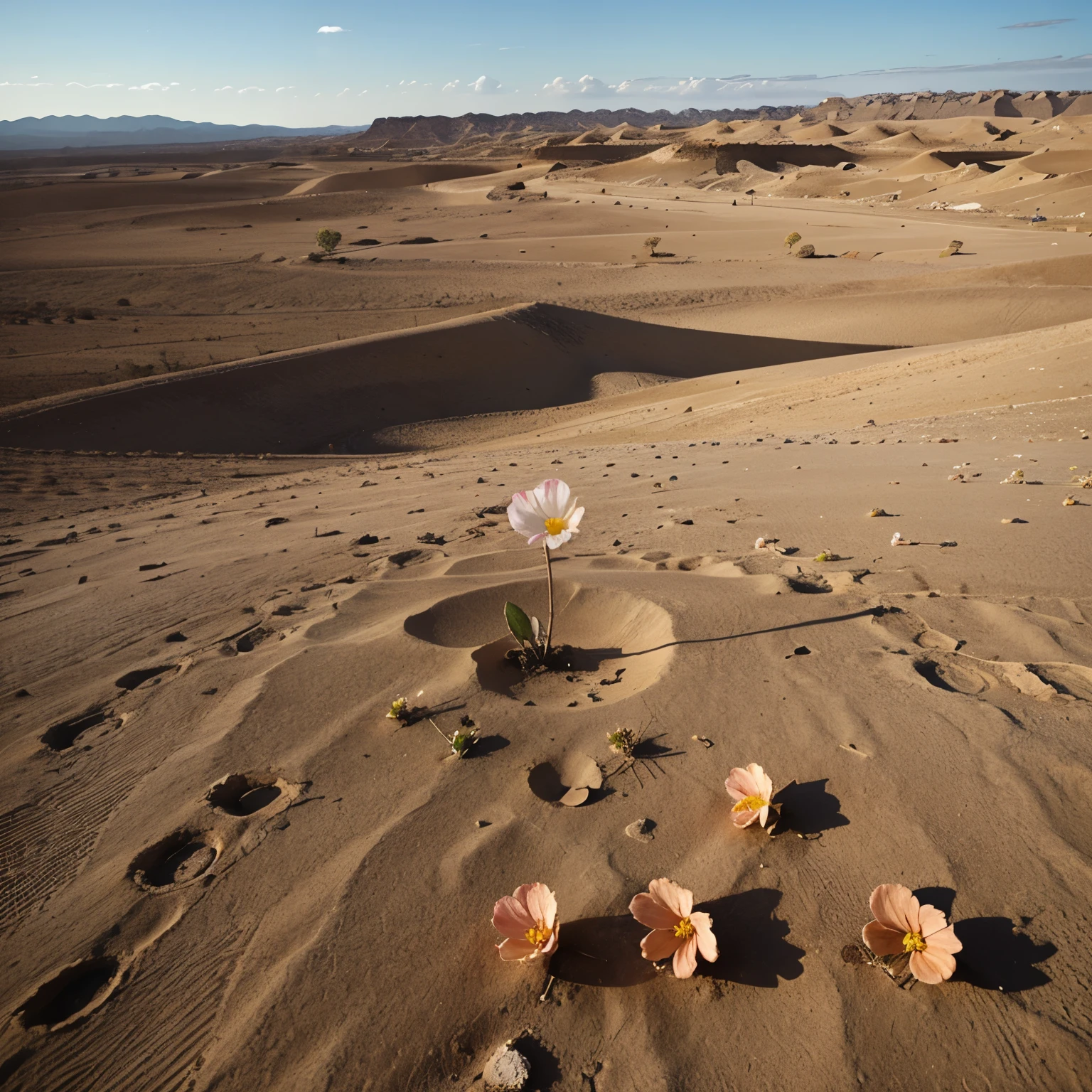 a landscape, a desserted, dry, place with a one flower that blooms