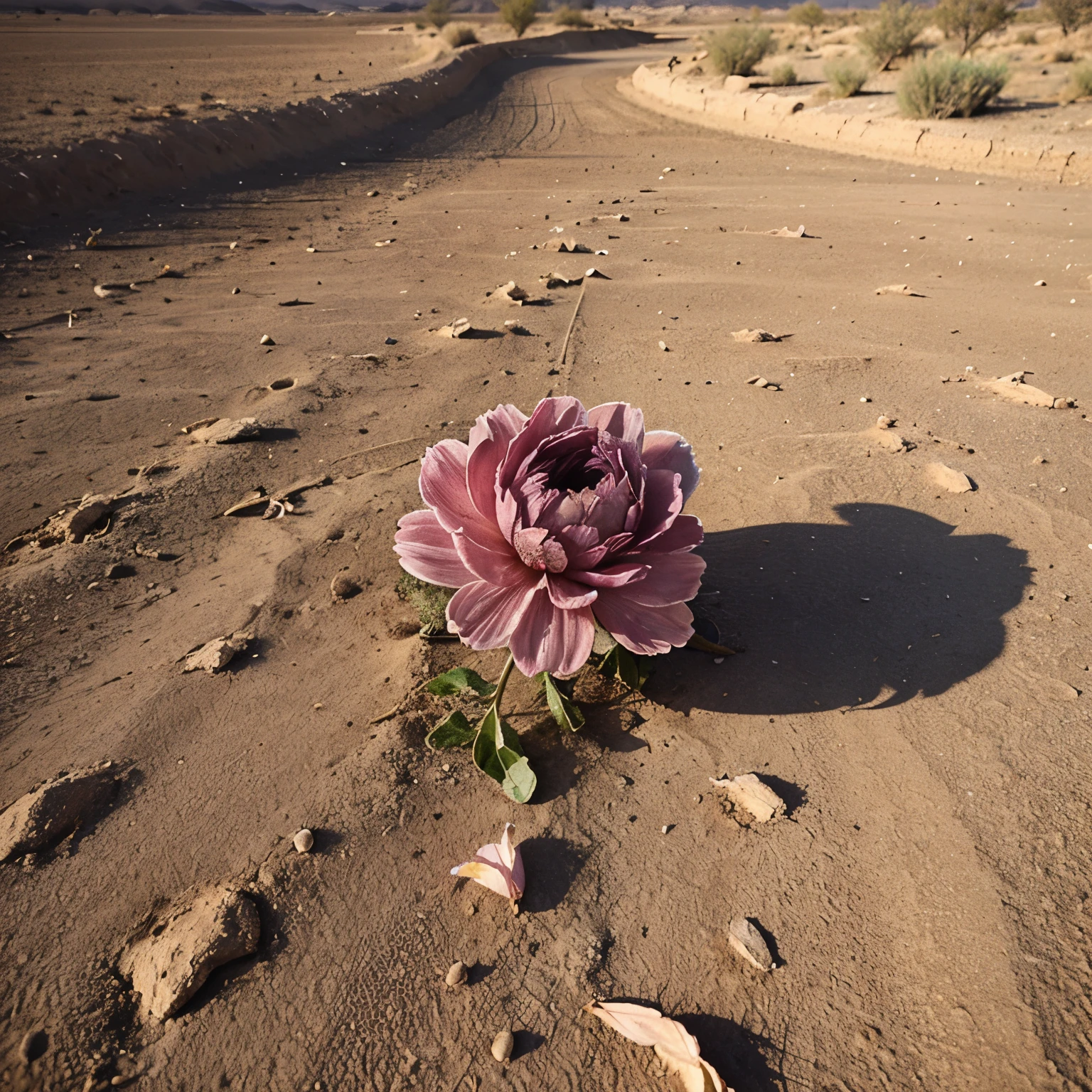 a landscape, a desserted, dry, place with a one flower that blooms