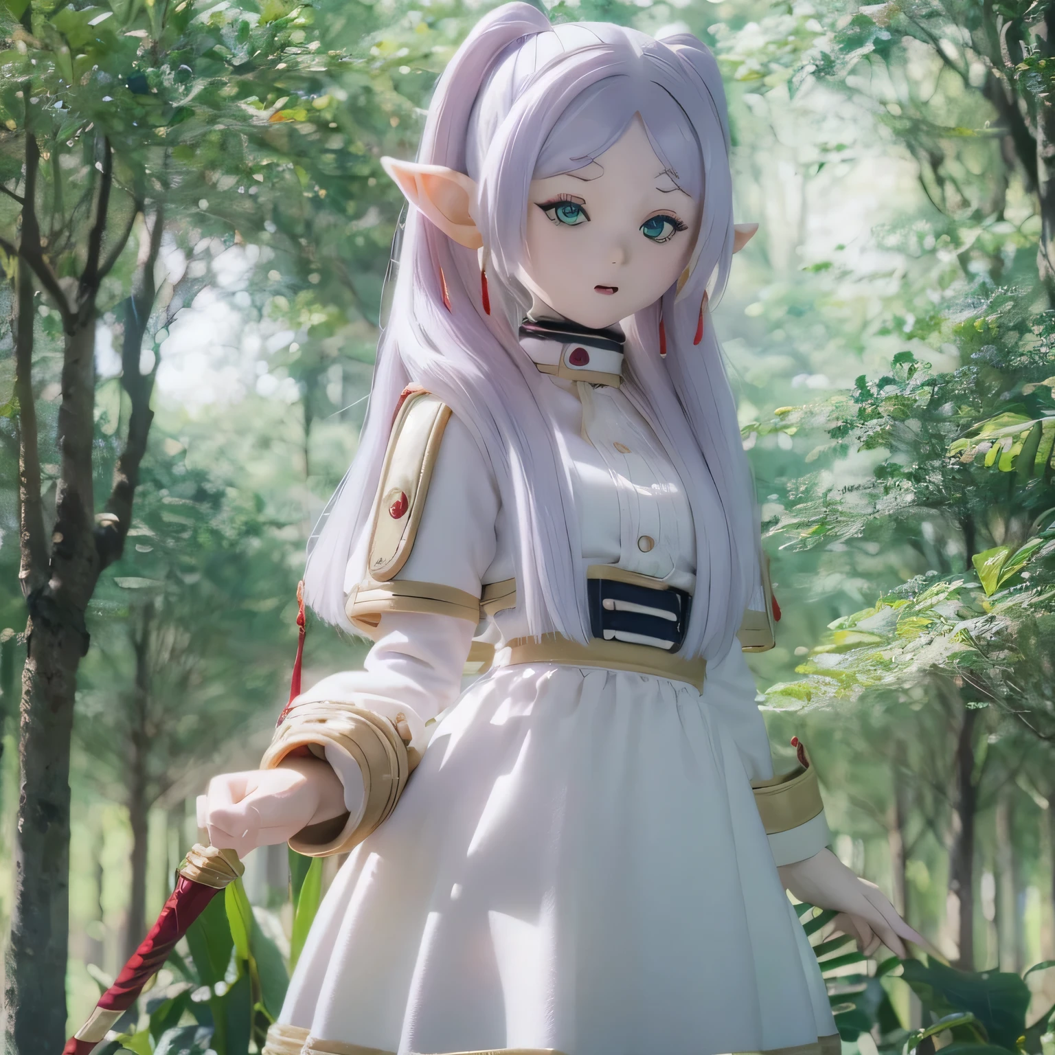 A gothic ta with white hair standing in a snowy landscape, surrounded by frozen trees. (best quality, highres, ultra-detailed), wearing a frilly black dress and lace stockings, holding a delicate umbrella with intricate lace patterns. The white hair is flowing down to her waist, contrasting with her pale skin. The scene is bathed in a cold blue color tone, with soft, ethereal lighting illuminating the snowflakes falling around her.smile