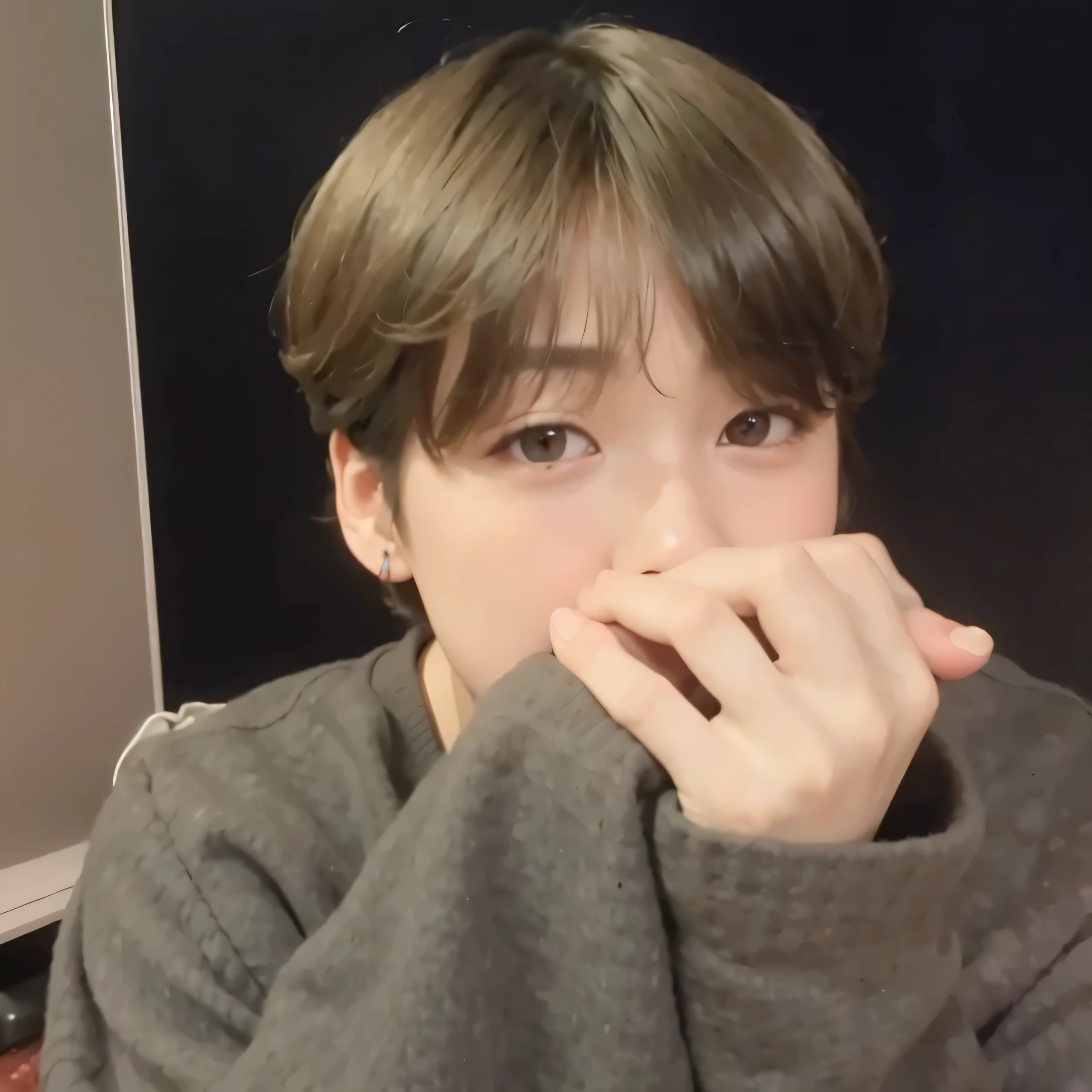 Un primer plano de un chico con tapandose la boca, jungkook, Lalisa Manobal, maquillaje popular de corea del sur, maquillaje coreano popular, Lalisa Manoban de Blackpink, joven y adorable rostro coreano, pale korean adorable face, Jinyoung Canela, ulzzang, small heart shaped face, Jaeyeon Nam, foto autofoto 8k, Parque Ji-min