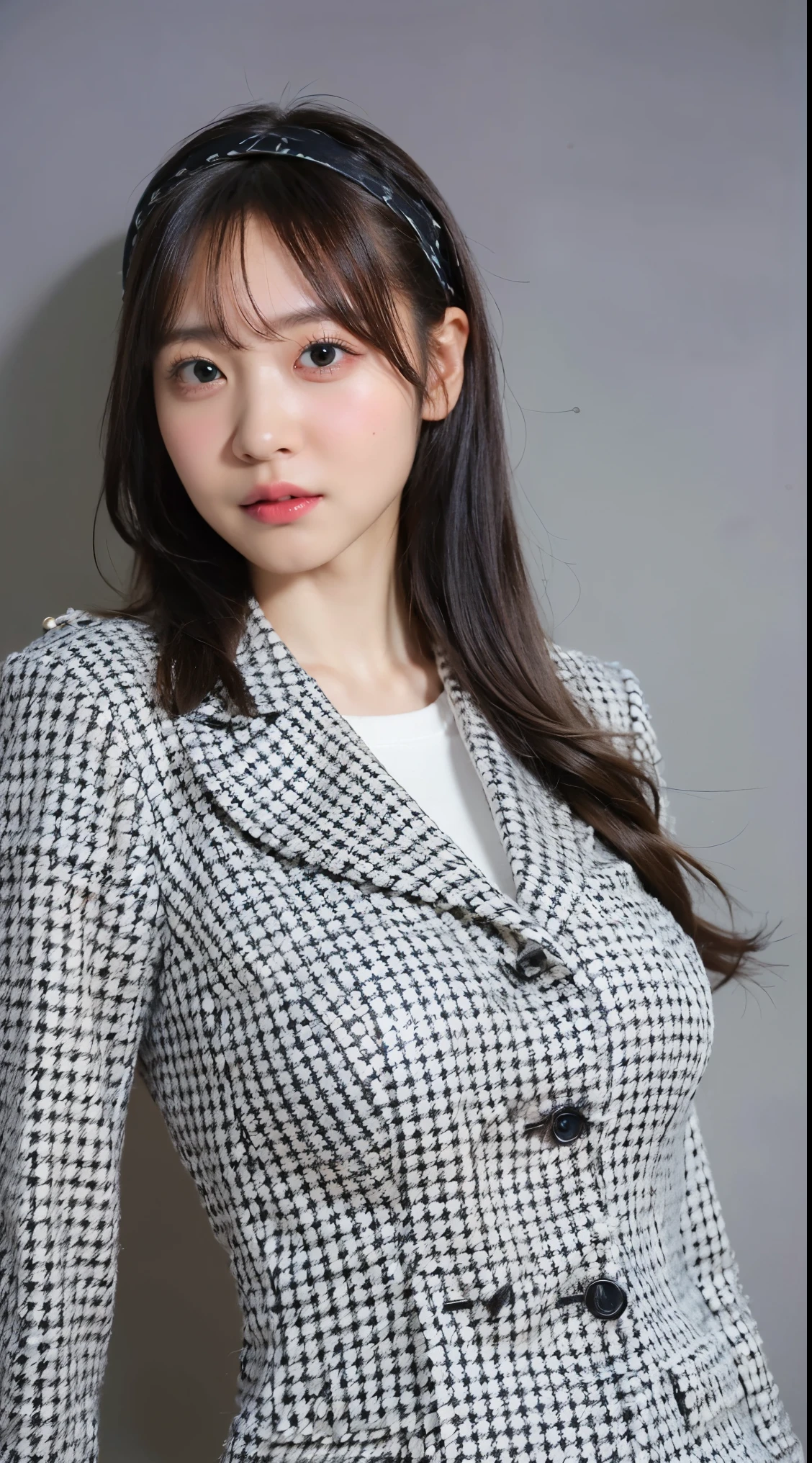 (8K、Raw photo、highest quality、masterpiece:1.3)、(realistic、Photoreal)、(very big breasts:1.2)、perfect limbs、fashionable clothes、Clothing that suits the city、(Houndstooth tailored jacket:1.3)、(headband:1.2)