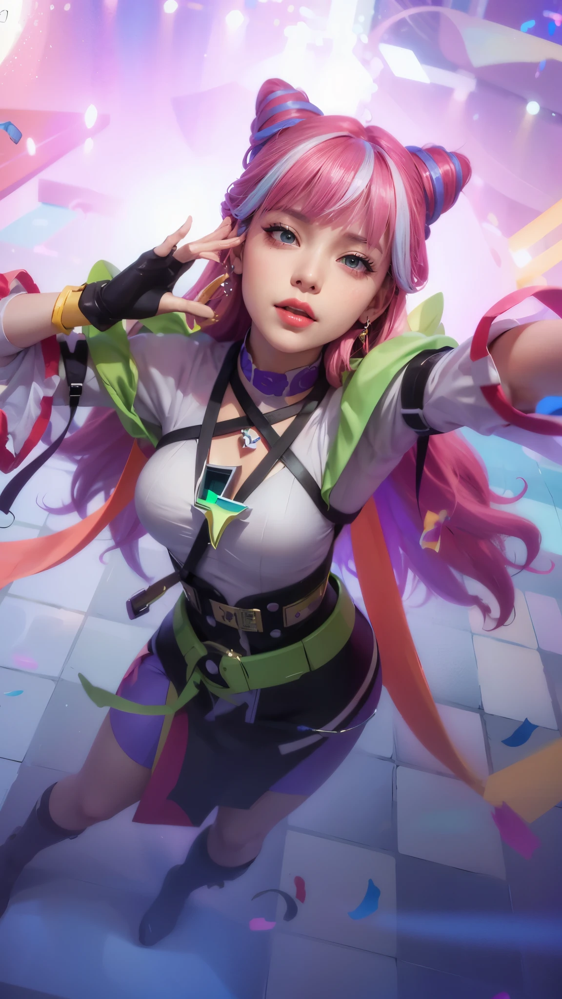 a close up of a woman with a pink hair and a green top, 8k, ultra hd, ultra detailed texture, hyper realistic, detailed texture, detailed face, detailed skin, detailed lighting, (photorealistic:1.5), best quality, beautiful lighting, cinematic lighting, professional lighting, ultra highres, realistic, detailed hair, real hair, high quality, (realskin:1.5), extremely detailed, finely detail, ultra-detailed, red lips glossy, detail eyes, cinematic background, kda, rossdraws cartoon vibrant, style artgerm, inspired by Jules Chéret, artgerm lau, extremely detailed artgerm, artgerm style, rossdraws pastel vibrant, portrait knights of zodiac girl, style of artgerm, range murata and artgerm, smile happy