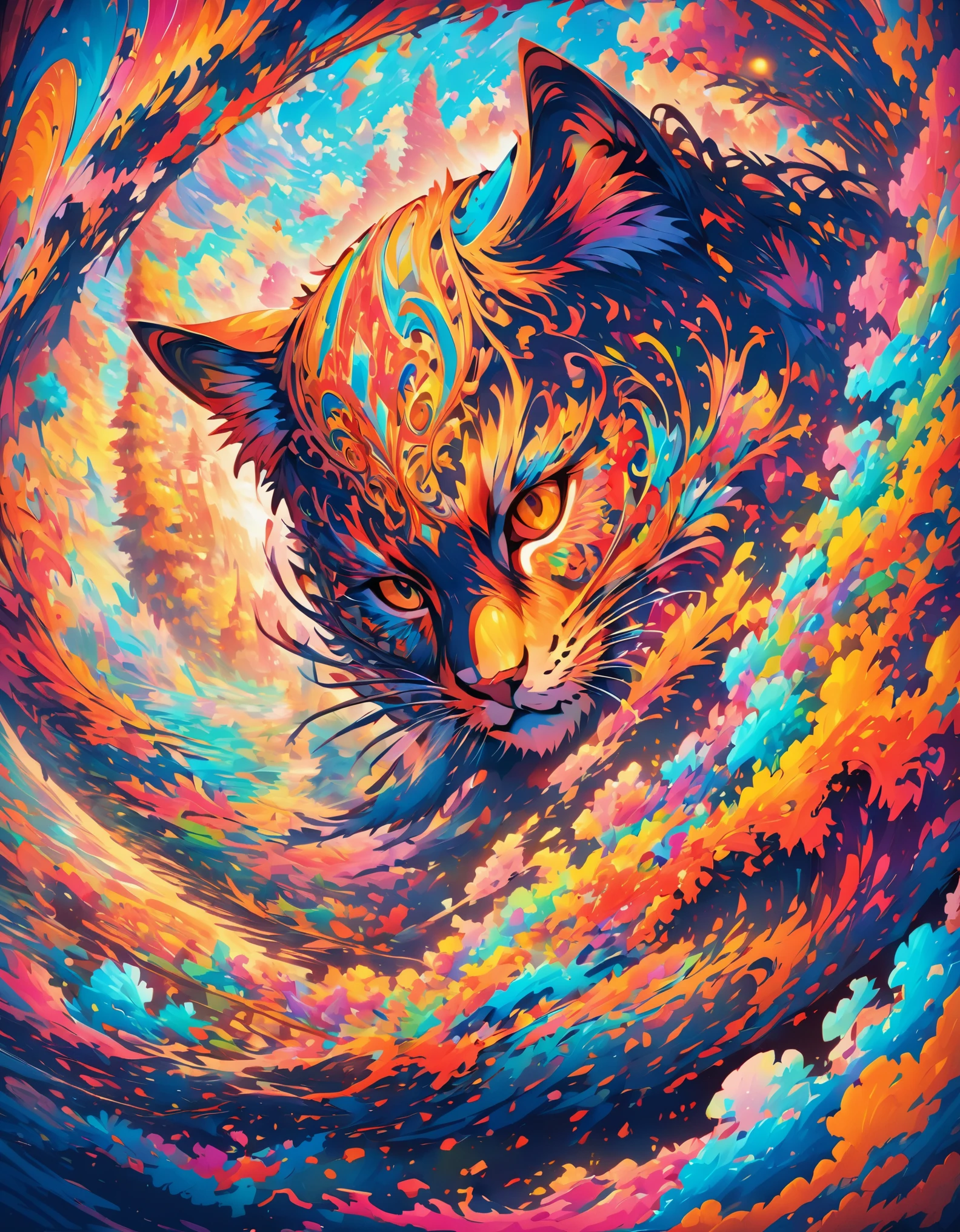 (((Vibrant))) abstract picture, 2D flat ornate sketch, psychedelic, ornates, ornates, ornates, popup art, big cat 😺 silhouette, full covered neon multicolor paint, painted, dynamic holand angle