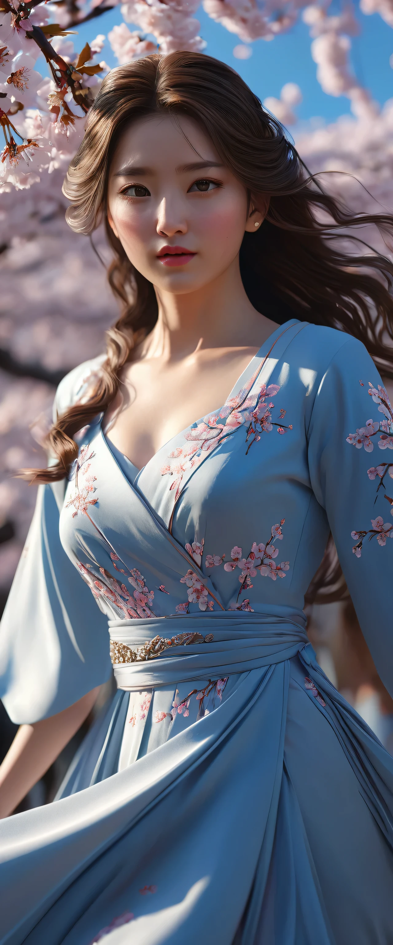 {{{masterpiece}, }}, {Extremely detailed CG unified 8k wallpaper}, Astonishing, fine details, alone, {{flowing hair}, }, {{Cherry blossoms}, }, outdoor, Sky, {{Wind}, }, Detailed background, Beautiful and delicate eyes, perspective:evening dress:0.3, split, bright pupils, {{whole body}, }, dynamic poses, Dynamic angle, split, looking at the audience, Detailed clothes, movie lighting, close up, best quality