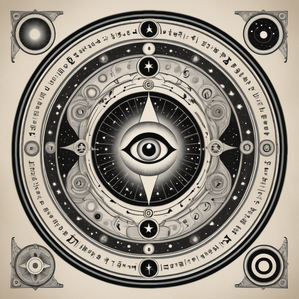 "Create a highly detailed, monochromatic circular illustration that features an all-seeing eye at the center, surrounded by various symbols of science, technology, mysticism, and philosophy. Include intricate geometric patterns and cosmic elements like stars and planets, as well as symbols representing human evolution, innovation, and the quest for knowledge. The artwork should have a vintage engraving style, reminiscent of an alchemical diagram or an ancient artifact, with a balanced and symmetrical composition.