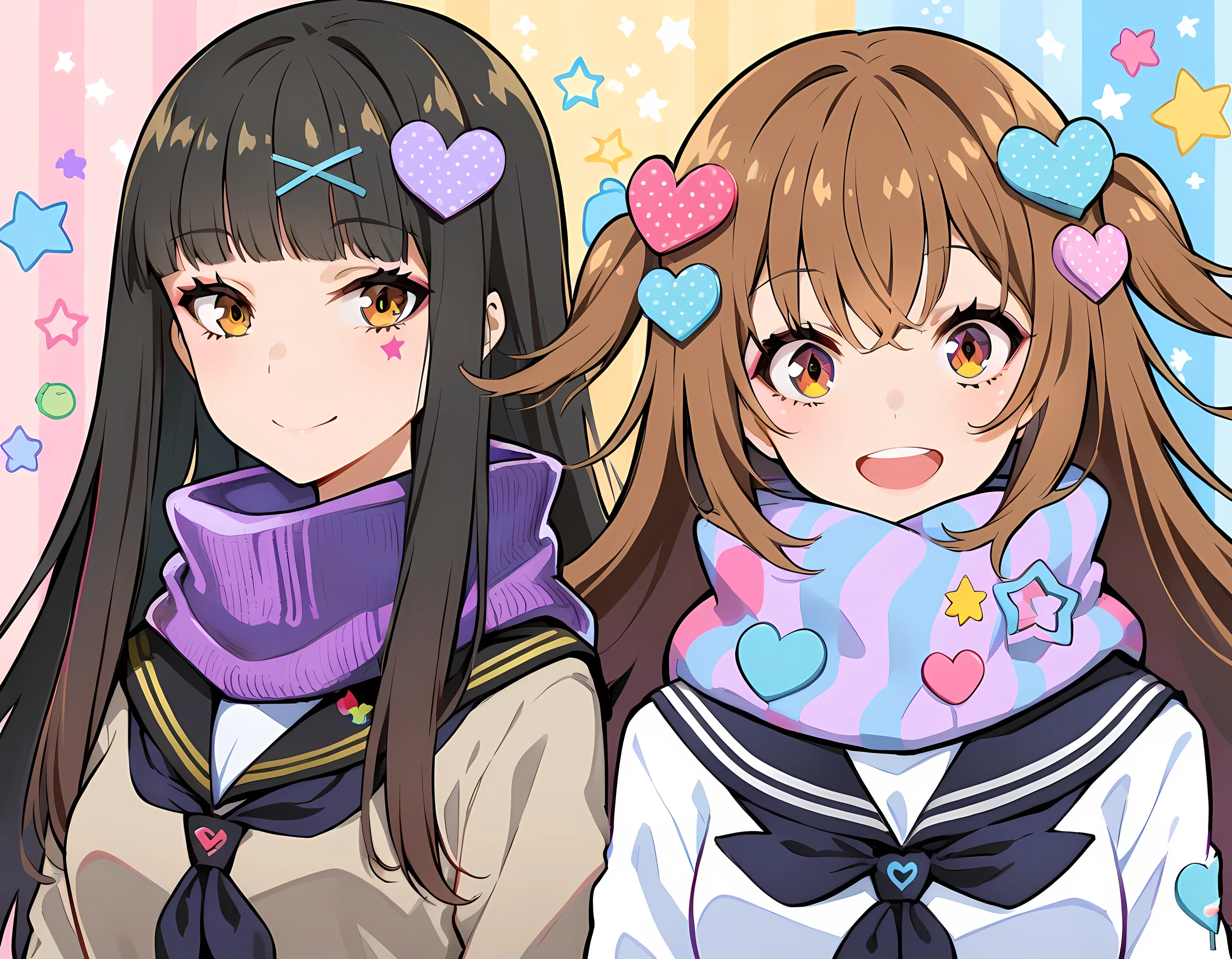 style, 1 girl, alone, brown hair, Heart, hair accessories, Uniforms, Side Mao Insult, Smile, looking at the audience, scarf, Upper body, Heart hair accessories, cardigan, sailor collar, Sefuku, black sailor collar, Bangs, yellow eyes, Keep your mouth shut, long hair, brown eyes, purple scarf, striped background, clavicle, striped, polka dot, Star (symbol)