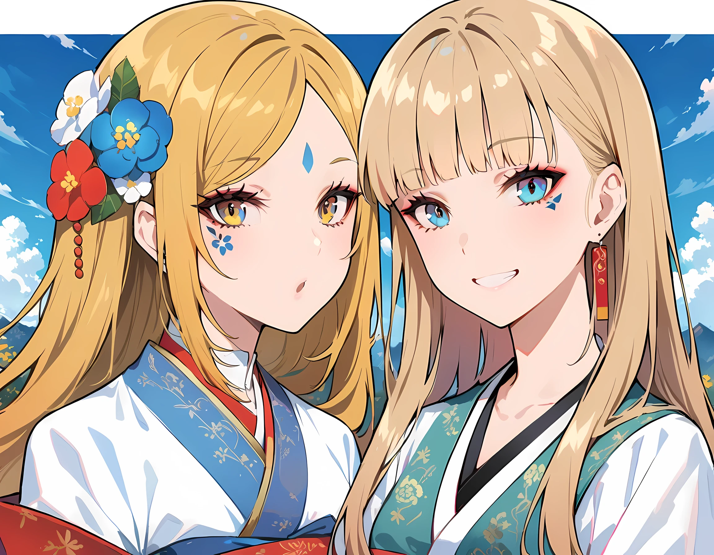 (masterpiece), HD hanfu female, European and American face, perfect face, long golden hair, blue eyes, very charming.