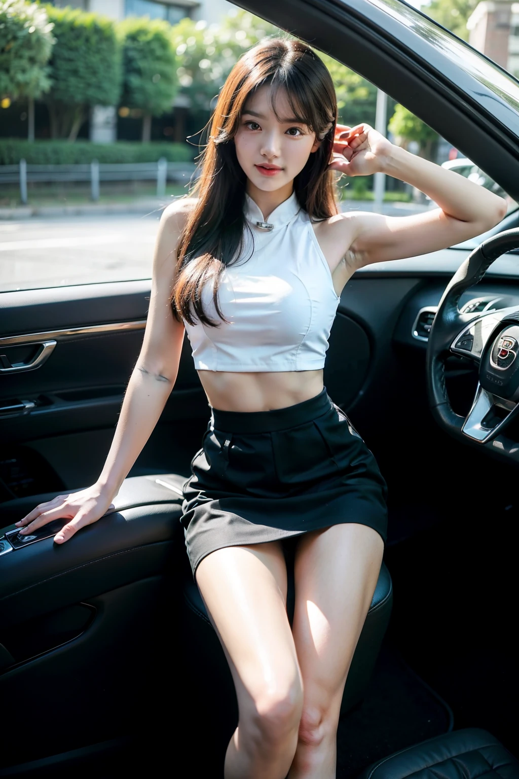 20-25 yo Slim girl,medium breast,((best quality, HD quality)), ((masterpiece)), (detailed The whole body (from head to toe is smooth and very sexy)), perfect face, beautiful girl In the car with a midriff shirt, and wearing a black skirt, perfect body, chinese woman, chinese girl, cute girl, cute woman, sexy girl, Very charming, realistic smile, beautiful long hair, the car(Bugatti Divo), The car door was opened up, and she Standing next to her car, in a very fantastic style, Long, sexy and beautiful smooth legs, very sexy girl