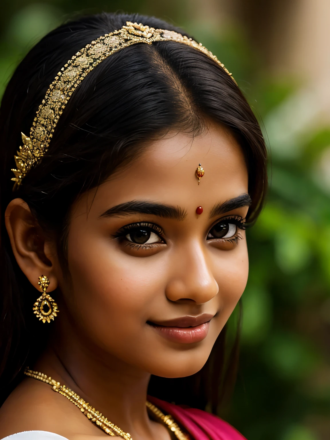 (high quality, masterpiece, HDR, 256K), (hyper-realistic, photorealism) 20 year old extremely beautiful Tamil girl, (intricate detailed extremely beautiful face, eyes, ears, nose, lips, textured skin), eyes symmetry, (bright smile)