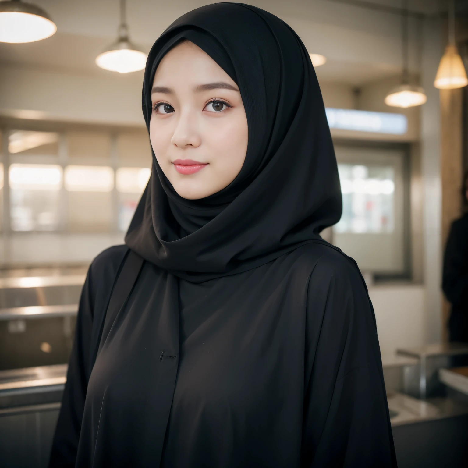 Muslim girl, hijab, (8K, RAW photo, highest quality, High resolution:1.1), (hyperrealistic:1.4),(realistic, photorealistic:1.3), soft light,realistic face,realistic body,realistic skin,disorganized,masterpiece,(cute:1.8), 17 years old, baby face, Big breasts,(big:1.2),fine black eyes,innocent eyes,droopy eyes,Watery eye,open lips,blush,good style,colorful lights,film Grain,smile,full Body,blurred background,young,85mm lens, f/ 1.4,professional lighting,portrait,photon mapping,radio city,Physically based rendering,japanese girl, wearing black matte hijab, black abaya, twirling hijab, sky blue jacket,having ice cream with me, in a bussy foodcourt,