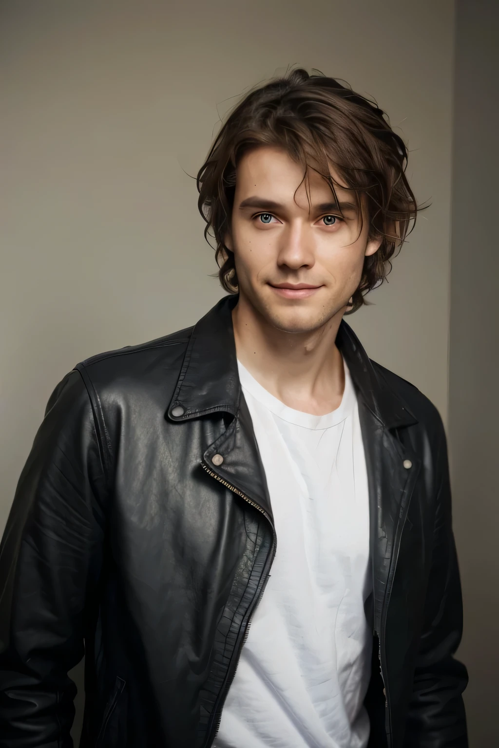 medium hair man, messy hair, brown hair, bright light, subtle smile, Niels Visser style hair, Software Engineer, Wearing a black leather jacket, white t-shirt, Patina eyes, Big eyes, pale skin, manly, masculine, wavy messy hair, medium length hair, soft features
