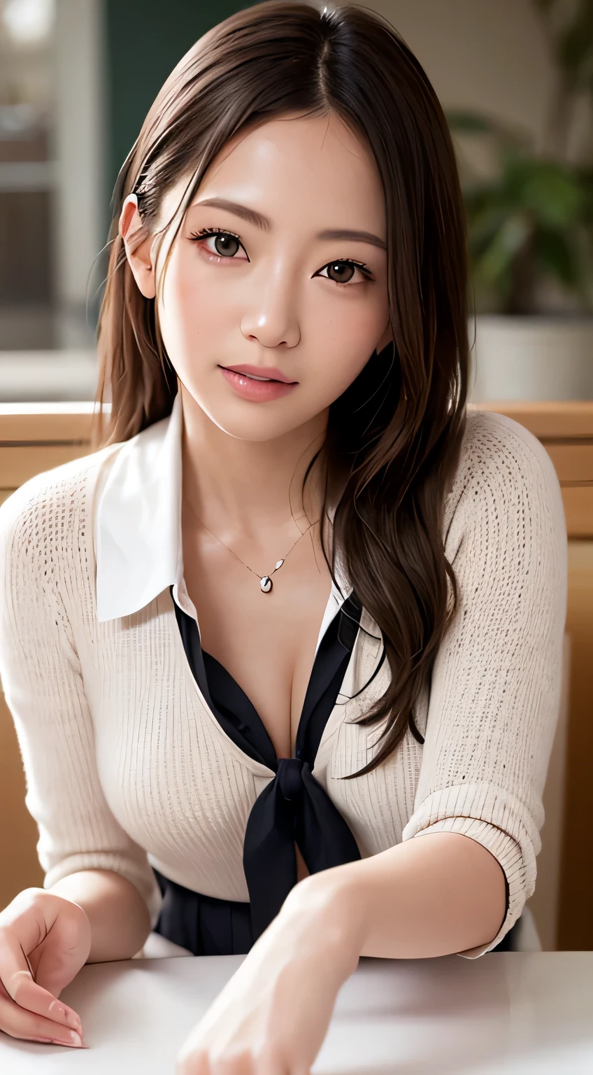 (realistic、Photoreal:1.37)、(8K、Raw photo、highest quality、masterpiece:1.2)、cute、Super detailed、heart shaped eyes、Physically based rendering、超A high resolution、kodak vision color、Arricam LTカメラで撮影、Bokeh、sharp focus、((high school uniform)) looking at the viewer、Photoreal、realistic、alone、Photoreal、highest quality、highly detailed face、highly detailed eyes and face、beautiful and detailed eyes、unforgettable smile、hair is dirty、floating hair、、⦅White knitted clothes⦆、⦅black and white checked miniskirt⦆⦅random pose⦆⦅beautiful feet⦆(foot fetish)(Shoulder straps are visible)(I can see the cleavage)⦅The whole body is reflected⦆