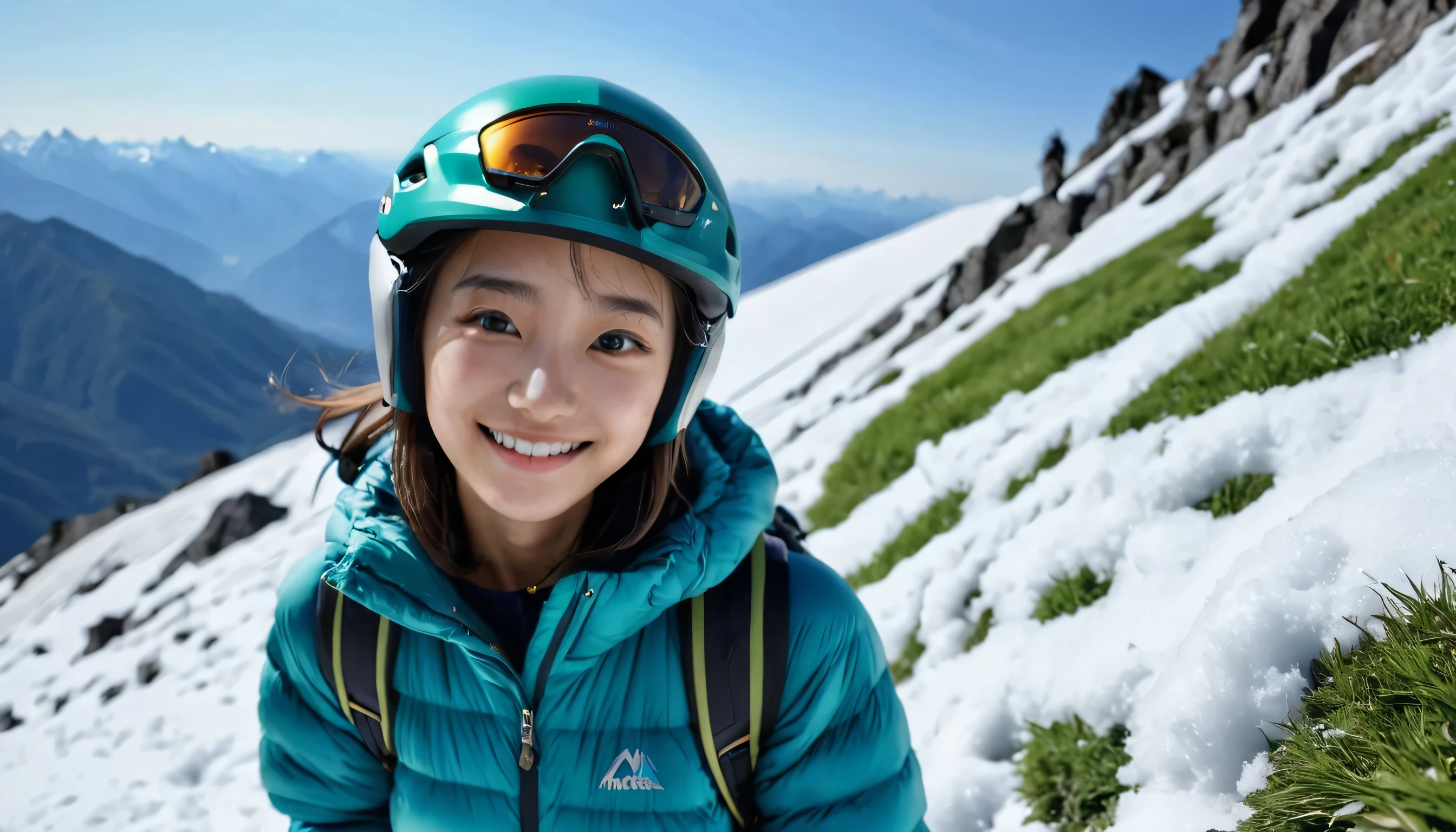 "((high quality, realistic, top-notch realism, be familiar with :1.1)), (1 girl, Stoop slightly and pose for the camera, snow mountainの洋服を着て, enchanting smile, fascinating look), (Natural light, full body portrait, soft shadow,)"sunglasseountaineering helmet、Northern Alps、Directly below the summit、the sun shines、snow mountain、vertical cliff、climbing、full body style、teenage girl，burning，Fierce eyes，light shines，green grass mountain peak々