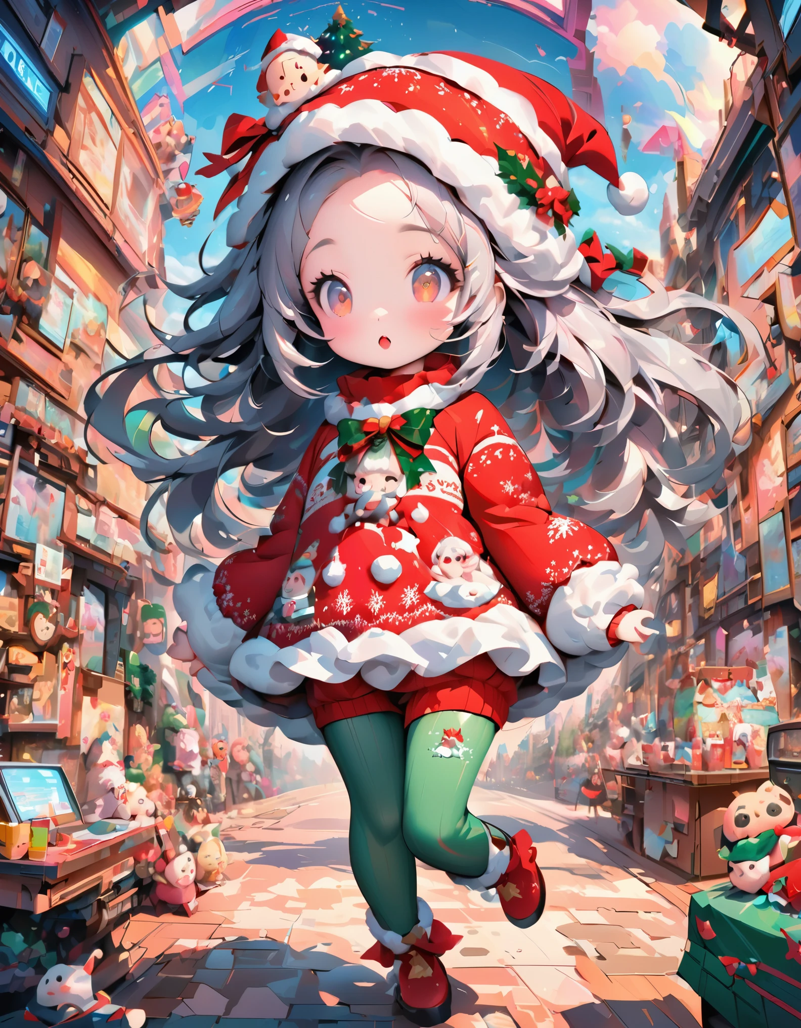  full body head to toe(fulll_body:1.5),Rococo surrealism ,cuteness overload futurism, cyberpunk, mail art, detailed oil Rococo masterpiece, fairytale, tiny extremely cute -kid ring Christmas sweater