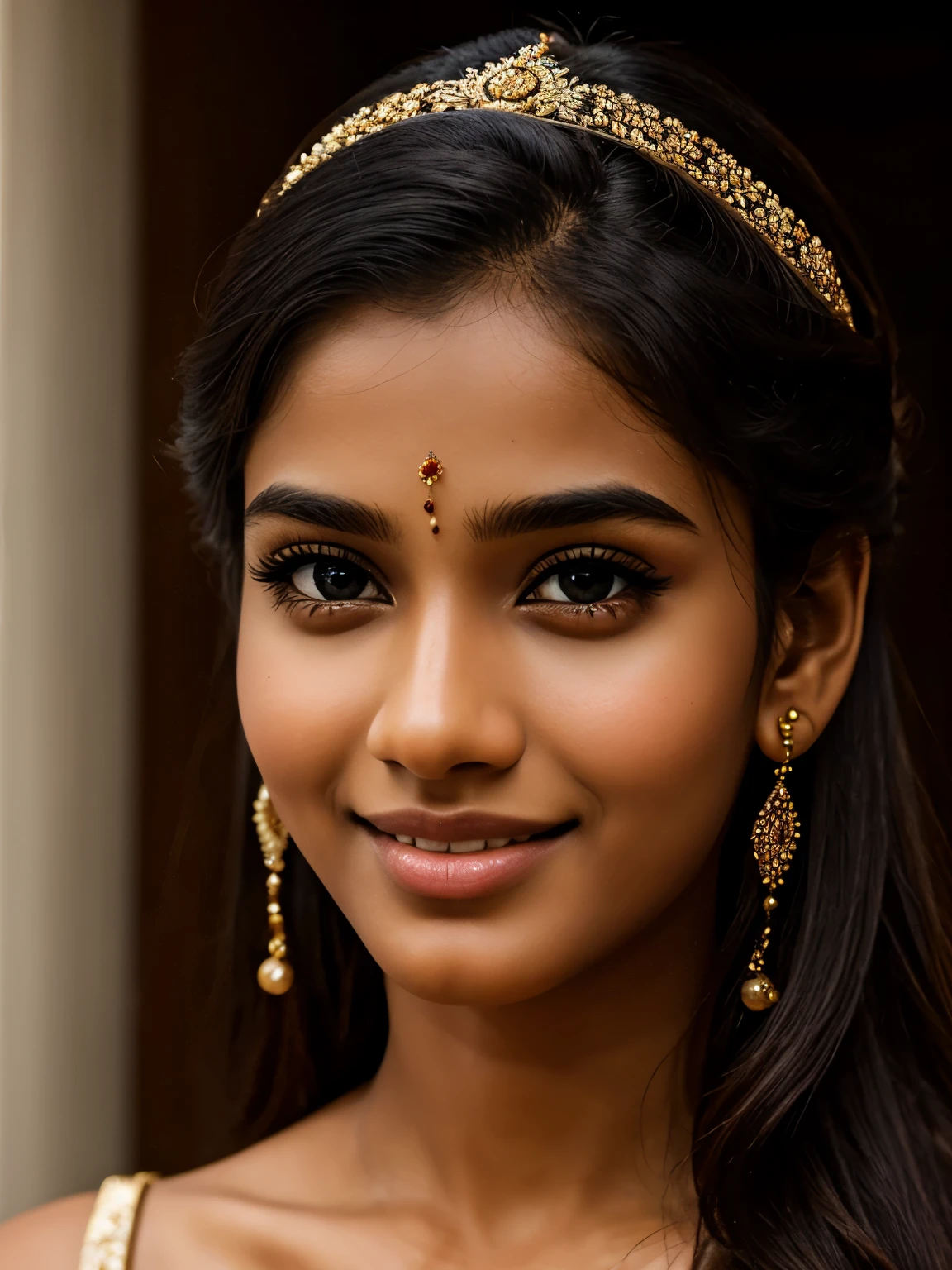(high quality, masterpiece, HDR, 256K), (hyper-realistic, photorealism) 20 year old extremely beautiful Tamil girl, (intricate detailed extremely beautiful face, eyes, ears, nose, lips, textured skin), eyes symmetry, (bright smile)
