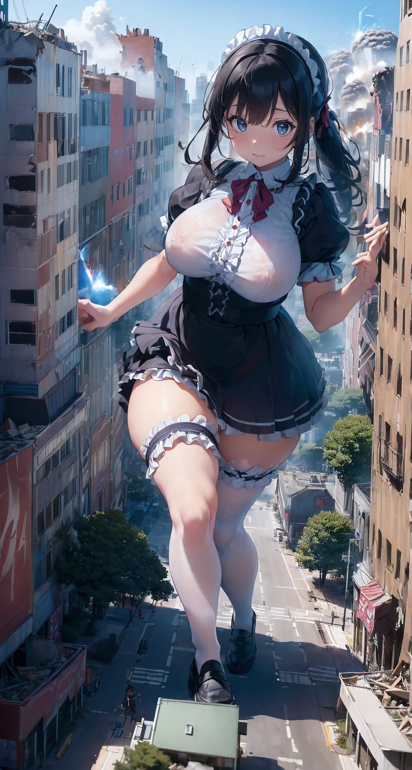 blue eyes、lift up the skirt、pedestrian bridge、pure white pants、show panties、Traffic jam、car、bus、city station、((((Freight train car running on the tracks))))、truck、Urban hustle and bustle、Bustling city streets、((long legs))、(((dark hero))),((((maid gothic ruffles))))、A girl bigger than a building、background blur、Gulliver&#39;s Travels、alice in wonderland、city of rubble、(((((super huge breasts)))))、、、big breasts、big breasts、big breasts、((((plump thighs))))、plump thighs、building fire、Giant girl sitting on the roof of a skyscraper、cigarette、((((Building explosion))))、(((((reach out your hand)))))、Ruins at the end of the century、((((Open your legs and show panties)))),進撃の巨人のA giant girl who moves the earth、(((Giant of Light))),A giant girl who moves the earth、足元のcity of rubble、A building with rubble underfoot、flying debris、(loafers)、low angle camera、high school girl、((((fighting pose))))、((((A big explosion at my feet))))、8ｋ、High image quality High image quality、nipple、sheer shirt、((((Destroy a broken dwarf building with your legs)))),(((A crowd of dwarfs running away)))、