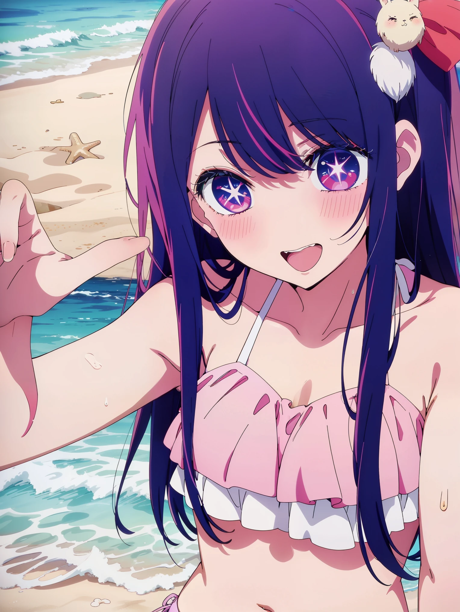 長い髪と紫の目をしたanime girl, A painting inspired by Puru, tumbler, conceptual art, anime best girl, anime moe art style, Another close-up of Iwakura, Anime visuals of cute girls, ルーシーという名前のanime girl, iwakura lain, This is a continuation of the TV anime., anime stills, (anime girl)、(((beach)))、laughter、open your mouth、Ai Hoshino、(((bikini)))