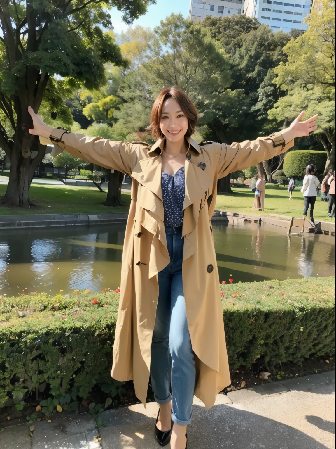(Raw photo:1.2), (realistic:1.4),beautiful detailed woman,非常にfine eyesと顔, fine eyes, Super detailed,High resolution, very detailed,highest quality,enlightenment,unified,8k wallpaper,masterpiece,highest quality,1 female,alone,rich,Full body Esbian,(Slightly chubby body type:0.7),meaty legs,alone,(Hi-Re Grabber Suit:1.4),(He wears his trench coat with the front open.:1.6)、(standing with arms spread horizontally:1.6)、(pantyhose:1.4)、(high heels:1.5)、jewelry, necklace ,short hair,gentle smile,dignified atmosphere,black eye,realistic,(Hibiya Park:1.5)、 (morning park:1.1),(standing upright:1.4),(Going to work:1.2)