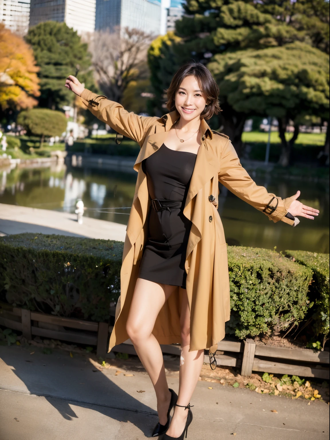 (Raw photo:1.2), (realistic:1.4),beautiful detailed woman,非常にfine eyesと顔, fine eyes, Super detailed,High resolution, very detailed,highest quality,enlightenment,unified,8k wallpaper,masterpiece,highest quality,1 female,alone,rich,Full body Esbian,(Slightly chubby body type:0.7),meaty legs,alone,(Hi-Re Grabber Suit:1.4),(He wears his trench coat with the front open.:1.6)、(standing with arms spread horizontally:1.6)、(pantyhose:1.4)、(high heels:1.5)、jewelry, necklace ,short hair,gentle smile,dignified atmosphere,black eye,realistic,(Hibiya Park:1.5)、 (morning park:1.1),(standing upright:1.4),(Going to work:1.2)