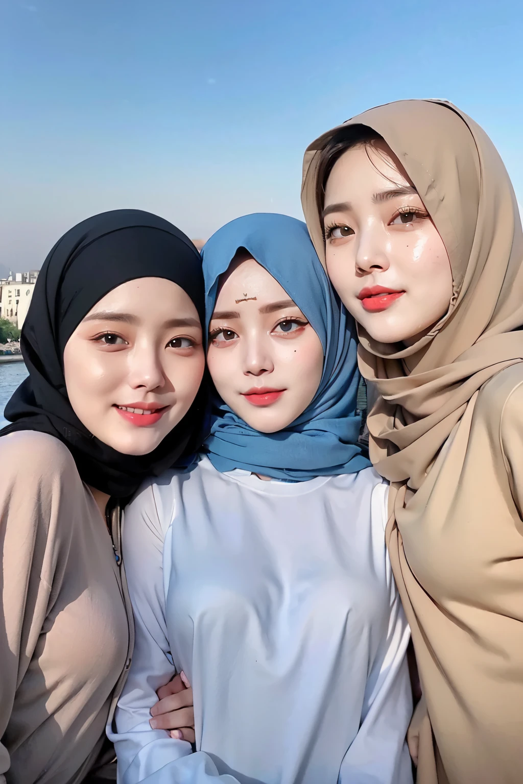 Threesome girls, wear hijabs, ((Best quality, 8k, Masterpiece :1.37), multiple people wear hijab, (three girl hijabs moslem), Beautiful face, Ultra-HD Face, Face Lighting, Lips laughed lightly, position:Standing, (close up photo), (three girls wear hijab muslim), wear hijab muslim, (Undressing Nude figure: 1.2), small pussy, (small pussy), small pussy, Realistic Vagina:1:6, tall building background, (Blue sky view, :1.1), face very detailed, detailed red lips, detailed eyes, (korean eyes), double eyelids, detailed nose, detailed legs, (threesome girls wear hijab moslem)
