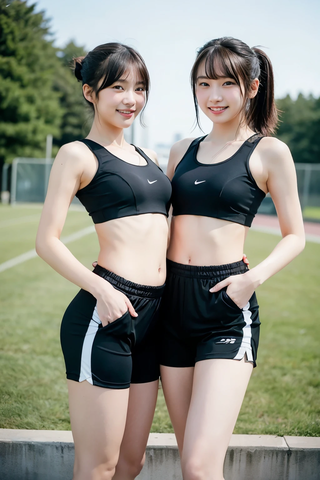 two girls at the track and field,wearing a track and field uniform、sports bra、sports bloomers、beautiful butt、Plump round butt,compression shorts,18-year-old,bangs,a little smile,thighs,knees,short cut hair,low ponytail,from below,front light、lit up at night