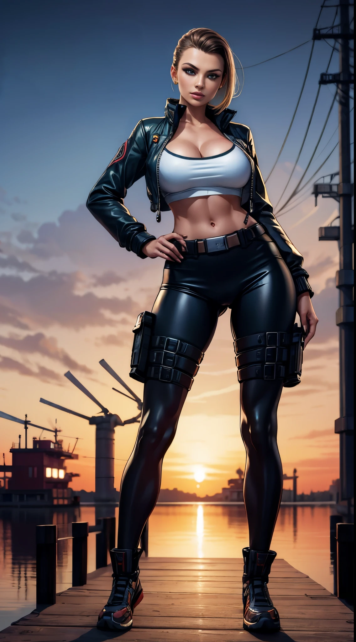 gorgeous woman, full body shot, assassin, standing on a dock, atompunk