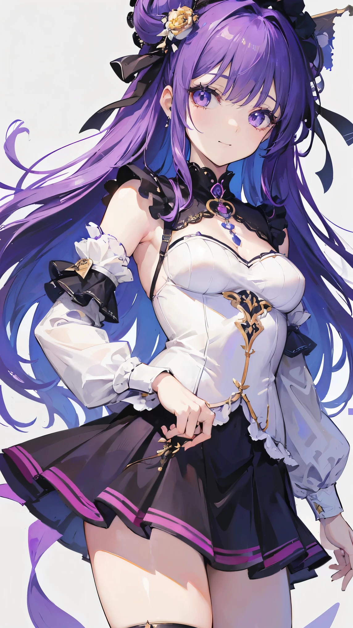 ((masterpiece, highest quality,High resolution,Super detailed drawing)), one girl,(fine eyes) purple hair,pastel colour,whole body,Absolute area, skirt,Black tights 1.5, (((beauty, cute, 20-year-old, bangs, small smile, eyelash)), (big breasts,valley,exposed),Idol 1.2