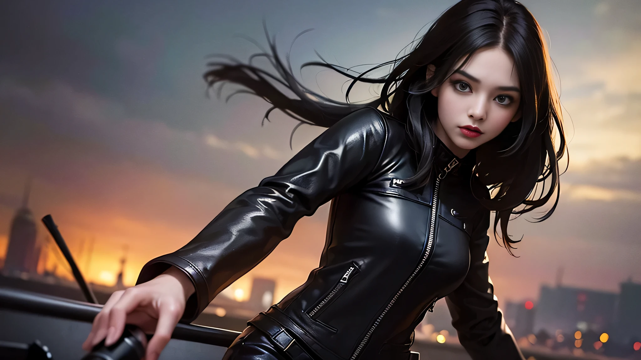 (skin dents:1.5), realistic, realistic, (masterpiece:1.5), concept art, intricate details, very detailed, realistic, octane rendering, 8K, unreal engine, dynamic pose, highest quality, High resolution, (realistic face:1.1), (surreal:1.1), (((full_body))), perfect eyes,(shiny skin:1.2), (((hairstyle))), (((perfect hands very detailed background), ((dynamic background)), ((1 girl)), wearing a black leather jacket, black leather long pants, black t-shirt, black boot rowing jacket))), ((fine eyes, high quality eyes, high quality face)), (very complicated jacket), long black hair, dramatic, Depth of the bounds written, Bokeh, 4k, (((underworld))), ((standing pose)),perfect body,(Lie:1.3)