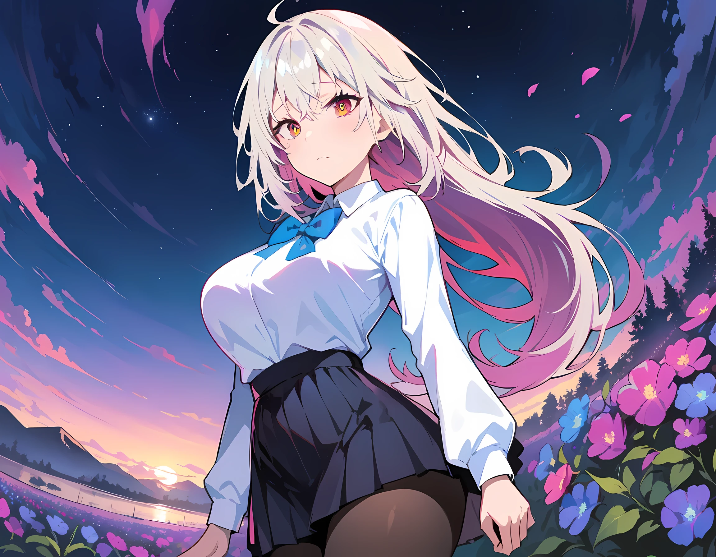best quality, masterpiece,, illustration, wallpaper,1 girl, alone, Uniforms, White shirt, black skirt, Light-colored hair, semi long hair, Beautiful and delicate girl, Extremely detailed eyes and face, Beautiful and delicate eyes, Shy, Nature_light, glow,National Science Foundation, clean Sky, looking at the audience, outdoor, night Sky, Star (Sky), loafers, black pantyhose, blue bow tie, straight hair, purple petals, purple and blue flowers, red pupils, ponytail, blue ribbon,white hair, Thick_thigh, Big breasts, Red eyes,