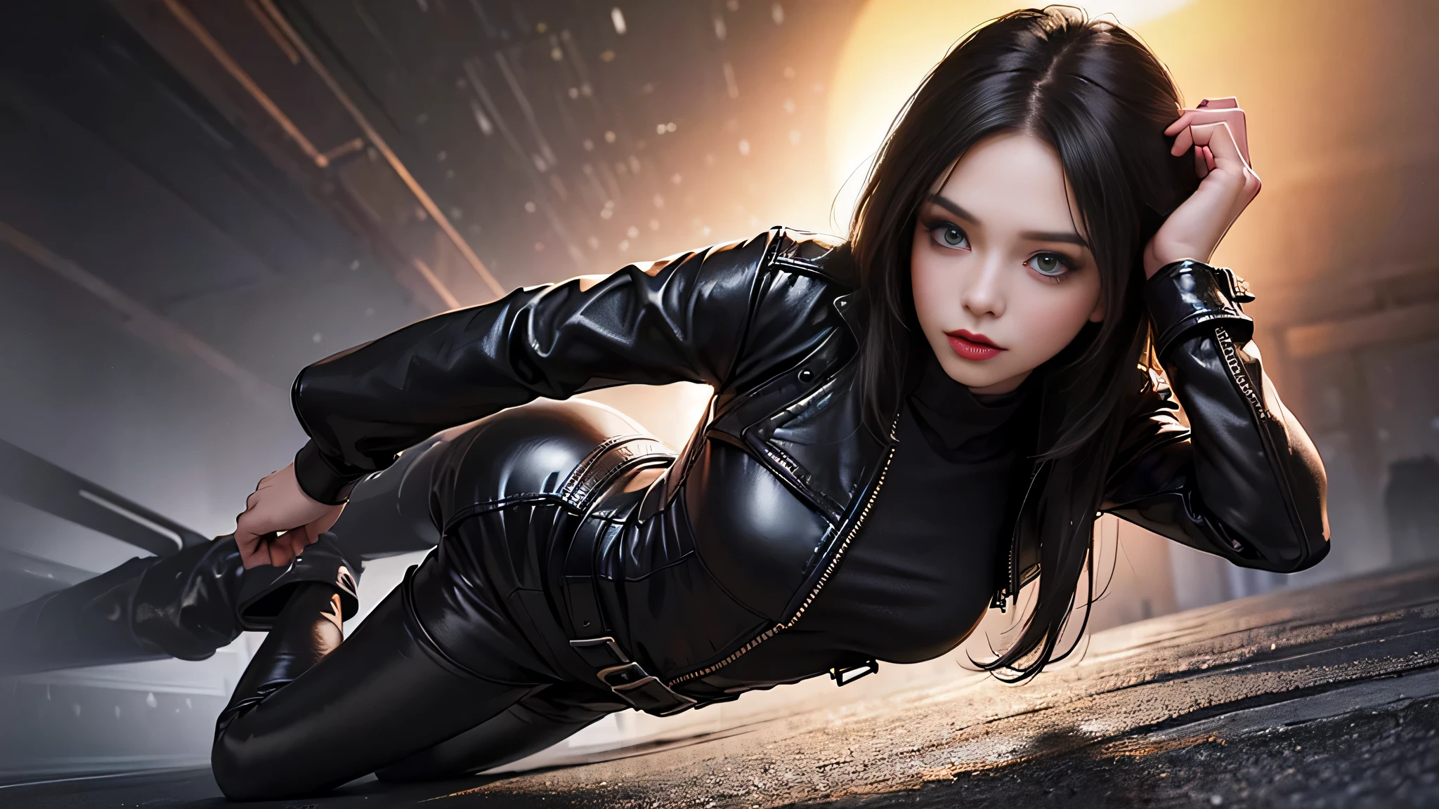 (skin dents:1.5), realistic, realistic, (masterpiece:1.5), concept art, intricate details, very detailed, realistic, octane rendering, 8K, unreal engine, dynamic pose, highest quality, High resolution, (realistic face:1.1), (surreal:1.1), (((full_body))), perfect eyes,(shiny skin:1.2), (((hairstyle))), (((perfect hands very detailed background), ((dynamic background)), ((1 girl)), wearing a black leather jacket, black leather long pants, black t-shirt, black boot rowing jacket))), ((fine eyes, high quality eyes, high quality face)), (very complicated jacket), long black hair, dramatic, Depth of the bounds written, Bokeh, 4k, (((underworld))), ((standing pose)),perfect body,(Lie:1.3)