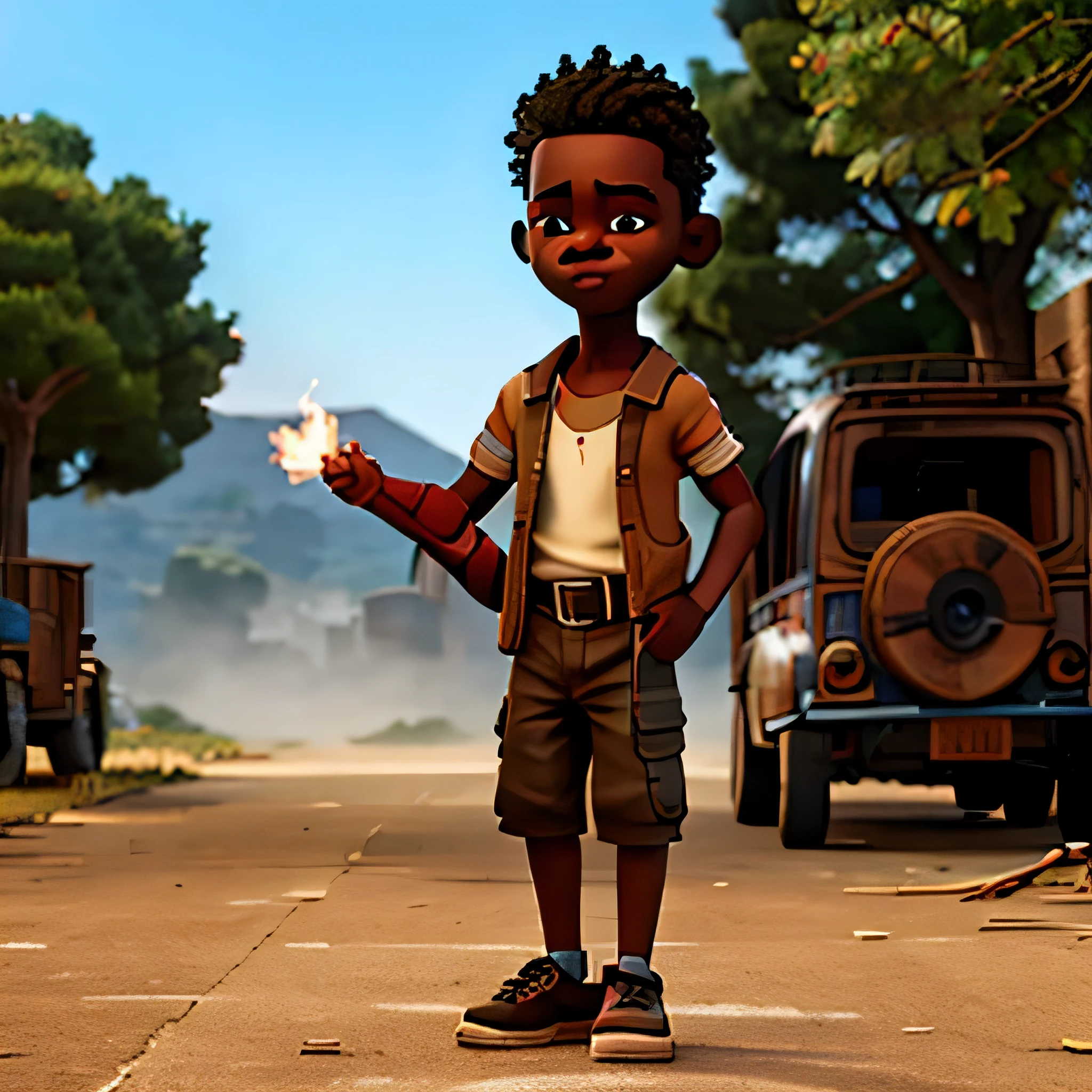 A black guy on the street of African throwing fire from his hand