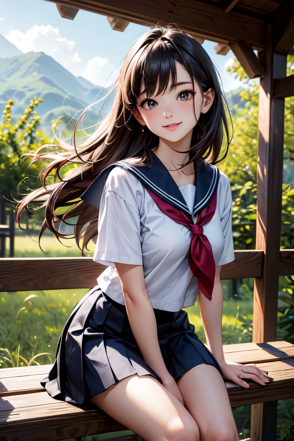 very cute and beautiful school girl,(highly detailed beautiful face),
(smile),looking at viewer,black hair,pixie cut,(sailor school uniform),(pleated navy blue mini skirt),
sitting on wooden bench in elegant gazebo,flower garden,distant forest,wooden fence,
(best quality,masterpiece:1.0),absurdres,highres,ultra-detailed,extremely detailed,32k,8k resolution,
intricate details,cinematic scene,detailed background,solo,dynamic angle,
hair fluttering in the wind,beautiful detailed sky,