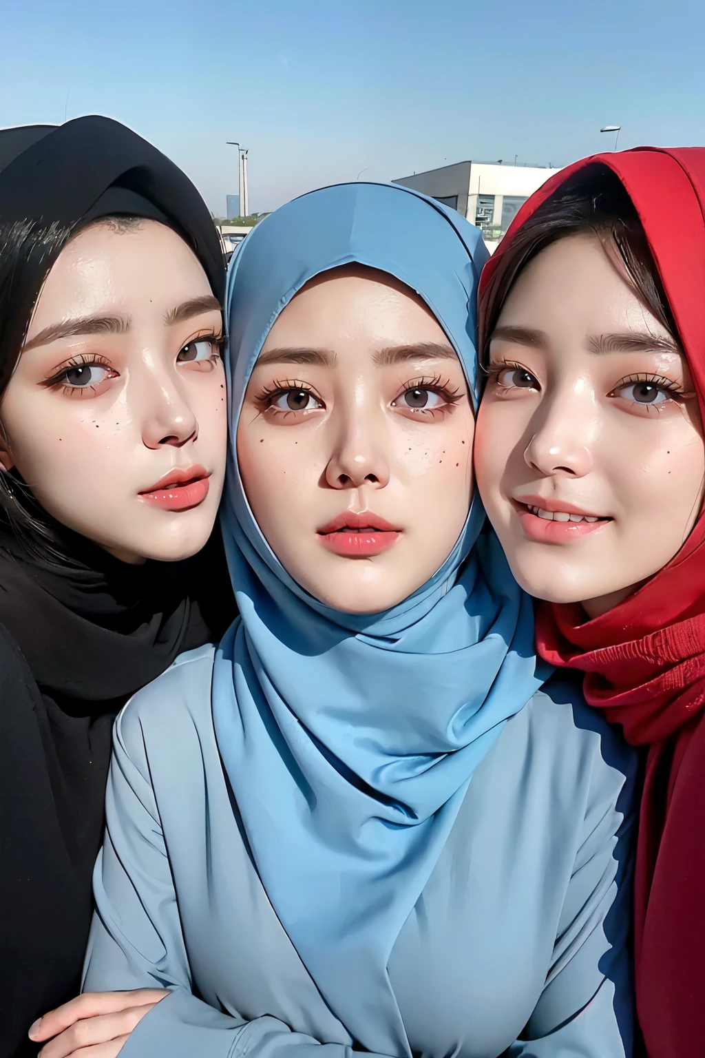 Threesome girls, wear hijabs, ((Best quality, 8k, Masterpiece :1.37), multiple people wear hijab, Big Breasts:1.5, (three girl hijabs moslem), Beautiful face, (Ultra-HD Face), Face Lighting, Lips laughed lightly, position:Standing, (close up photo), (three girls wear hijab muslim), wear hijab muslim, (Undressing Nude figure: 1.2), small pussy, (small pussy), small pussy, Realistic Vagina:1:6, tall building background, (Blue sky view, :1.1), face very detailed, detailed red lips, detailed eyes, (korean eyes), double eyelids, detailed nose, detailed legs, (threesome girls wear hijab moslem)