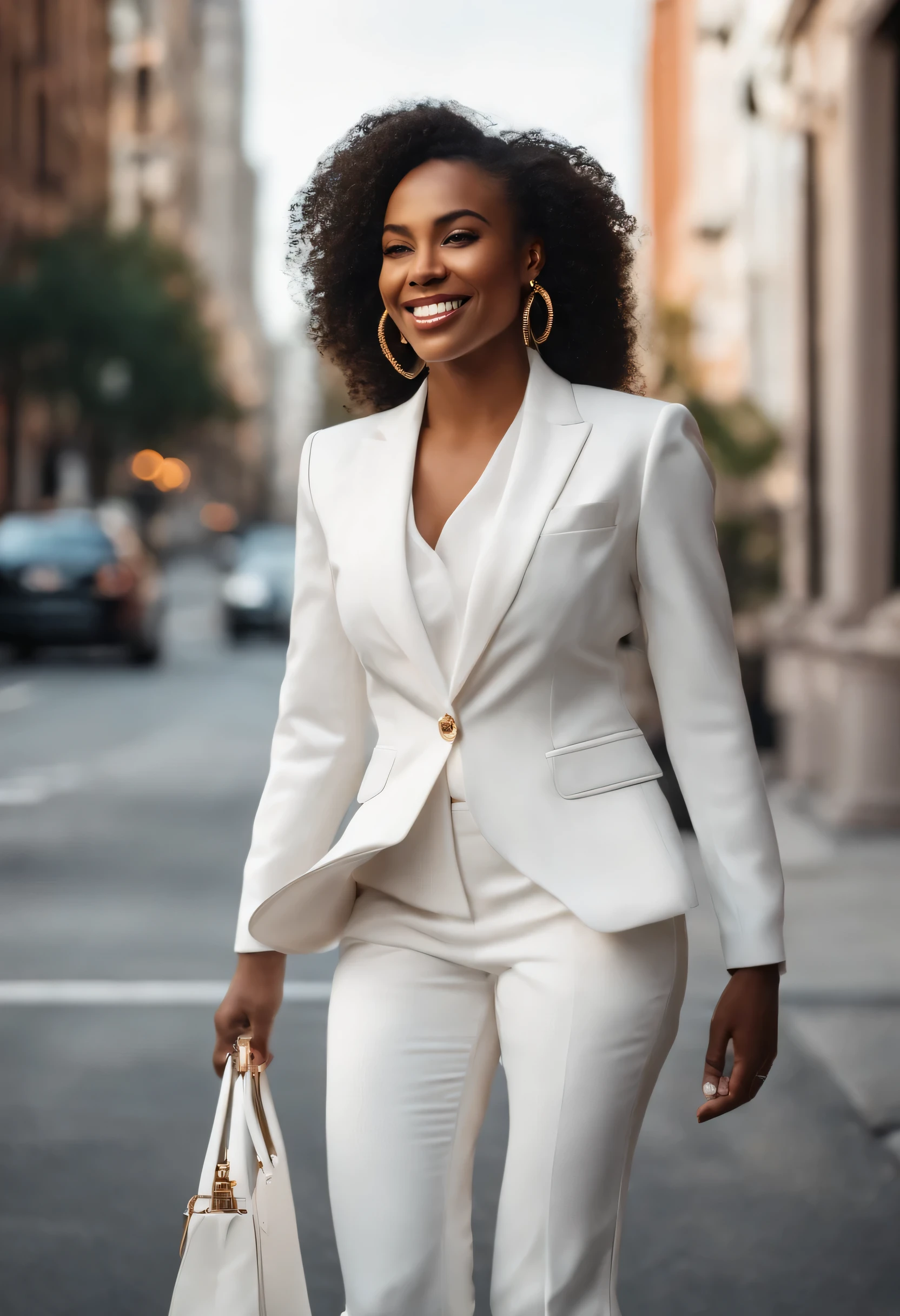 Imagem ultrarrealista de uma mulher negra sorridente em um terno branco e brincos de argola dourados caminhando por uma rua da cidade, a beautiful city black woman alone, Garota de terno, The woman in a business suit, Garota de terno, vestindo um terno branco, young businesswoman, ultra-realist, foto de uma mulher negra, vestindo um terno branco futurista, Meticulously portrait wearing a business suit, wearing a business suit, businesswoman, looking directly at the camera outdoor business portrait, vestindo um terno azul claro