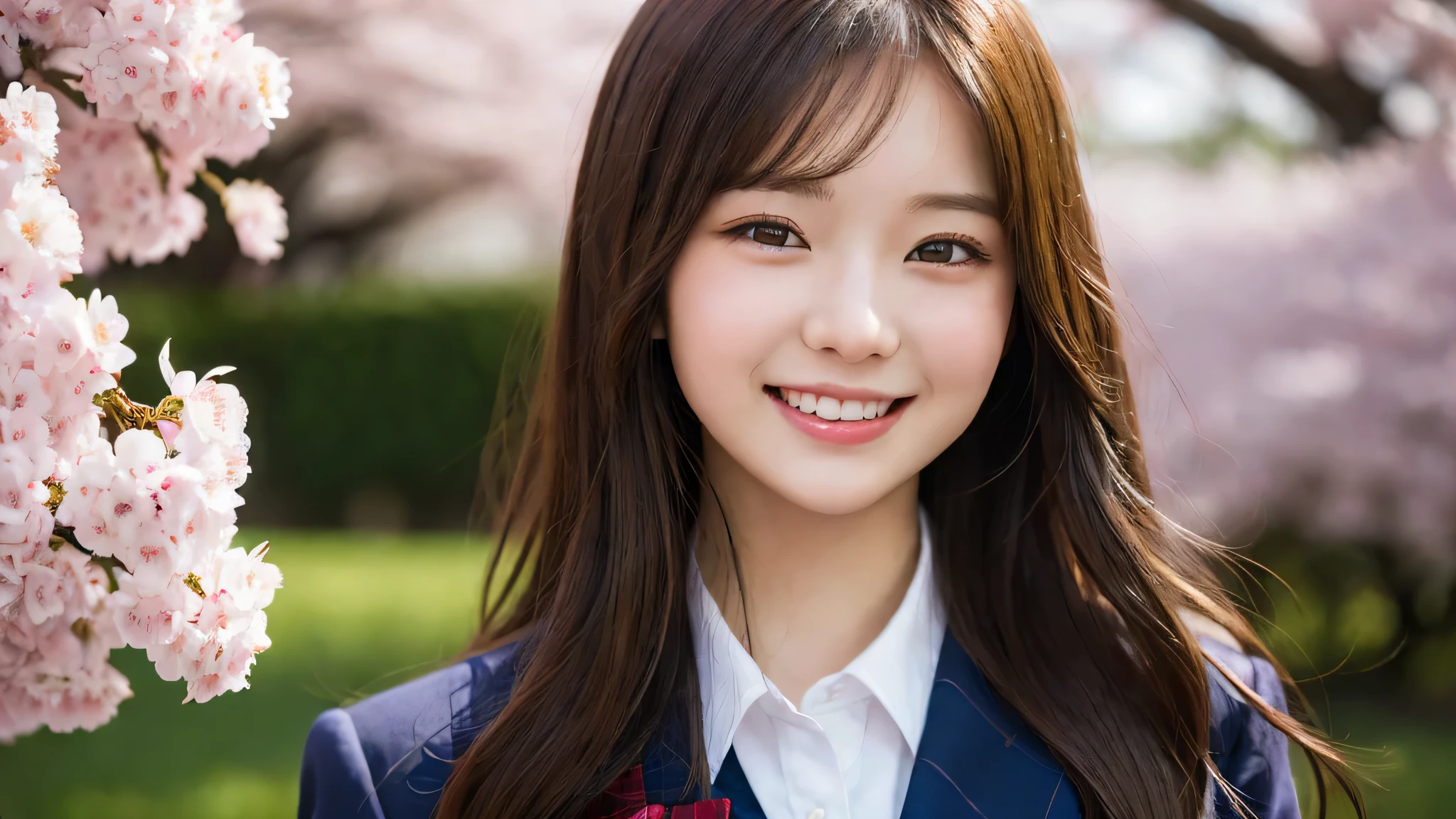 1girl, (long hair), cute smile, brown eyes, (highly detailed Beautiful face), (high school uniform:1.2), (Best Quality), (extremely detailed CG unified 8k wallpaper), Highly detailed, High-definition raw color photos, Professional Photography, Realistic portrait, evening, Extremely high resolution, smiling, cherry blossoms,